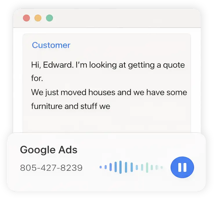 Autopilot phone system showing a call transcript and recording from a Google Ads caller