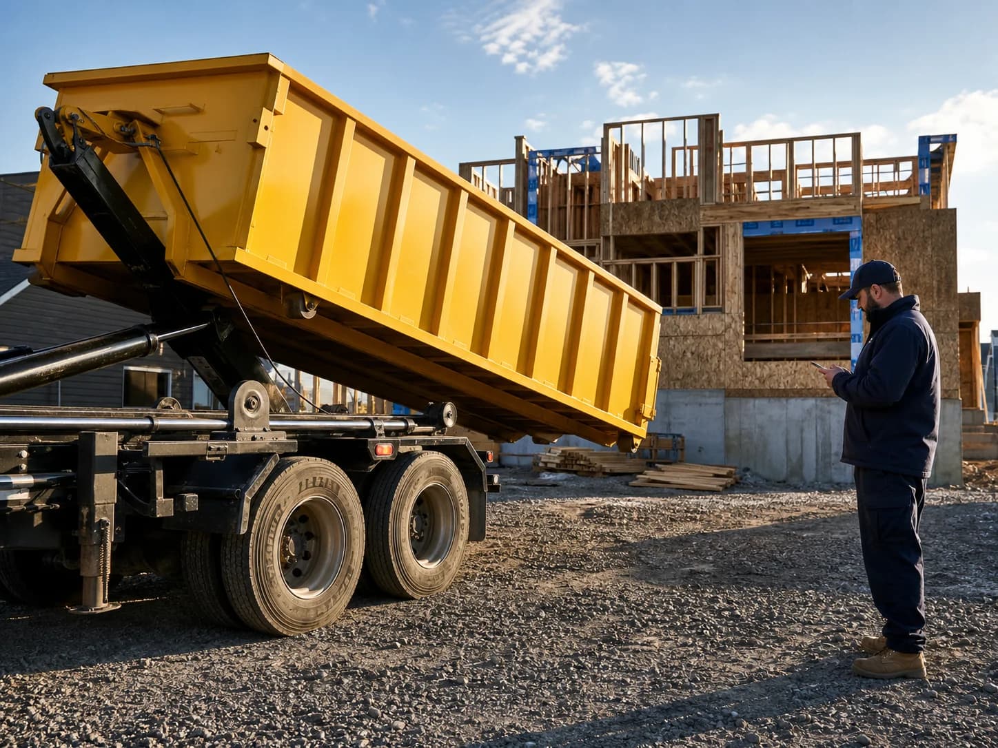 A roll-off driver using the mobile app while placing a yellow dumpster at a construction site