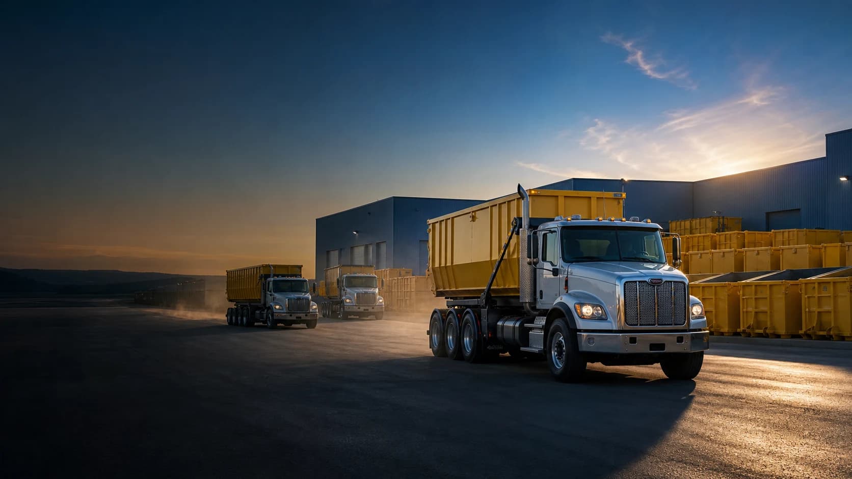 A fleet of roll-off trucks leaving an organized yard of yellow dumpsters at sunrise