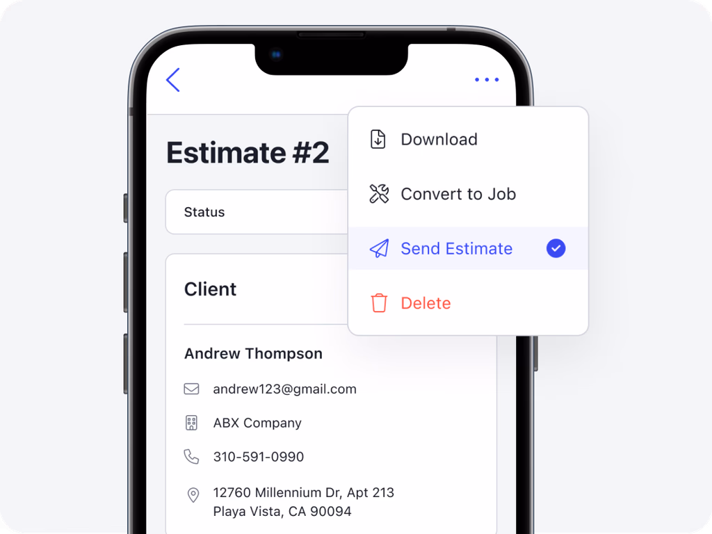 Autopilot mobile app dropdown menu with options to send, download, or convert an estimate