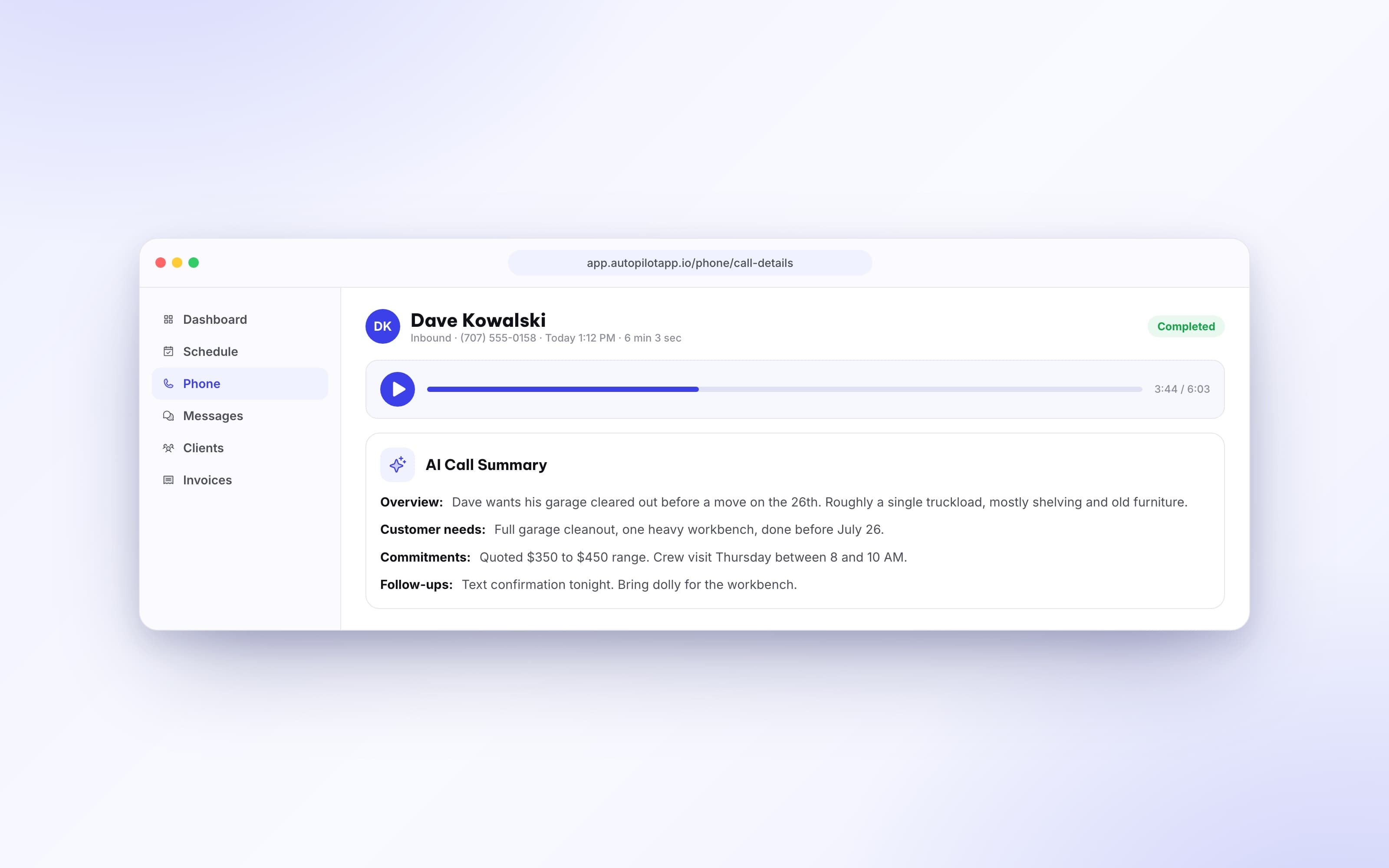 AI call summary showing overview, customer needs, commitments, and follow ups for a recorded call