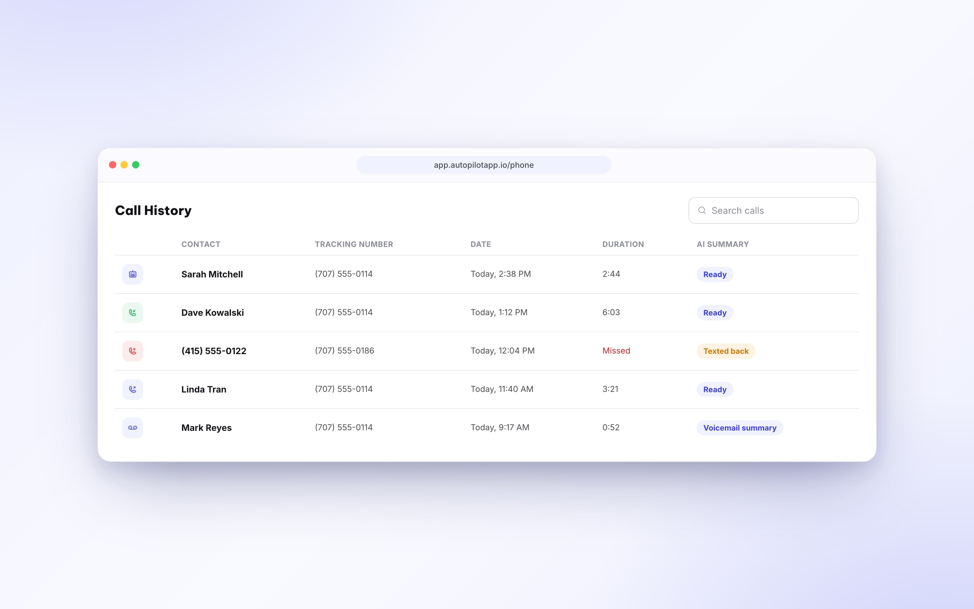 Call history list with a call opened to show its recording, AI summary, and transcript