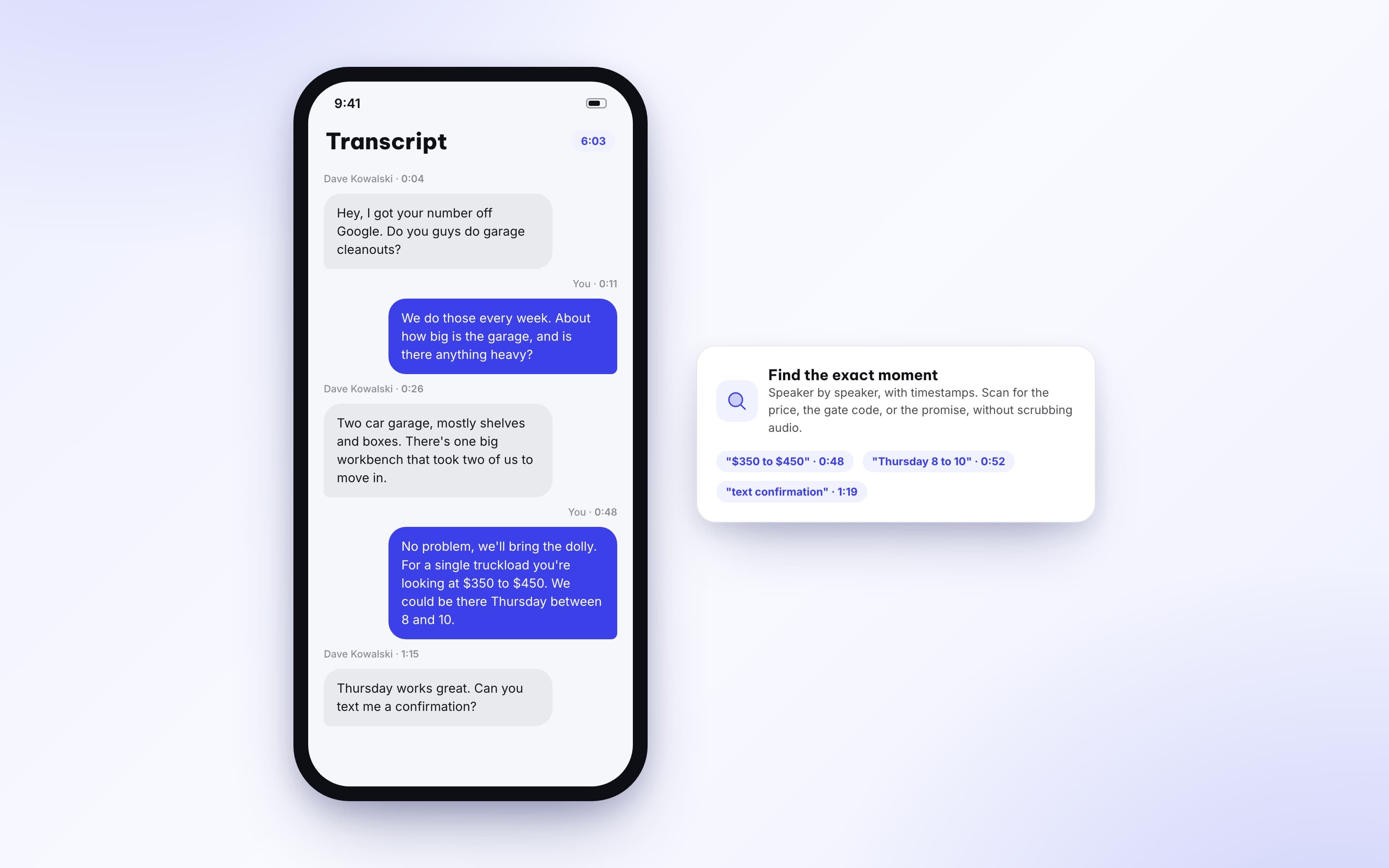 Autopilot AI call transcript with speaker labels, timestamps, and a call summary