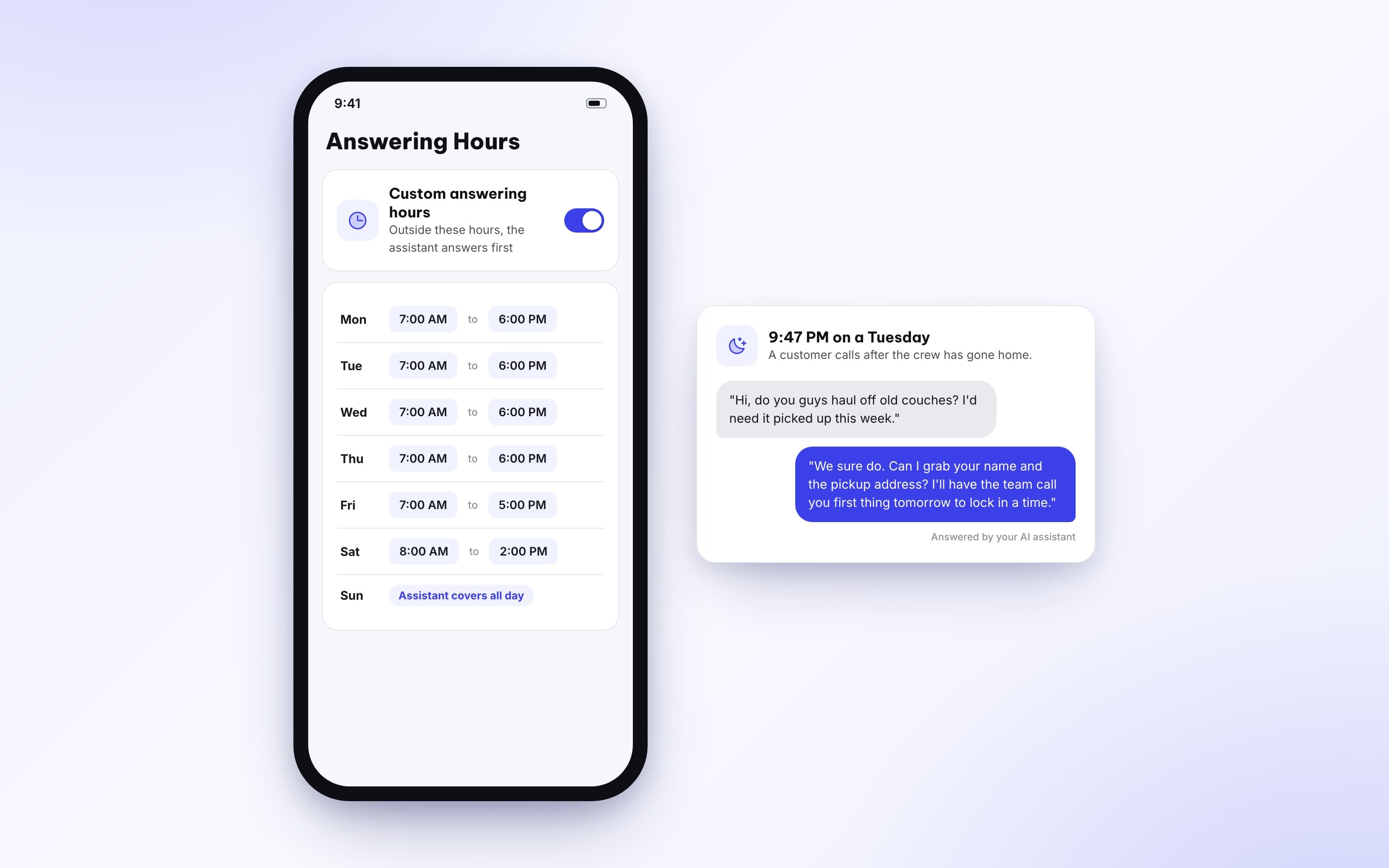 Custom team answering hours with Eva covering calls outside the schedule