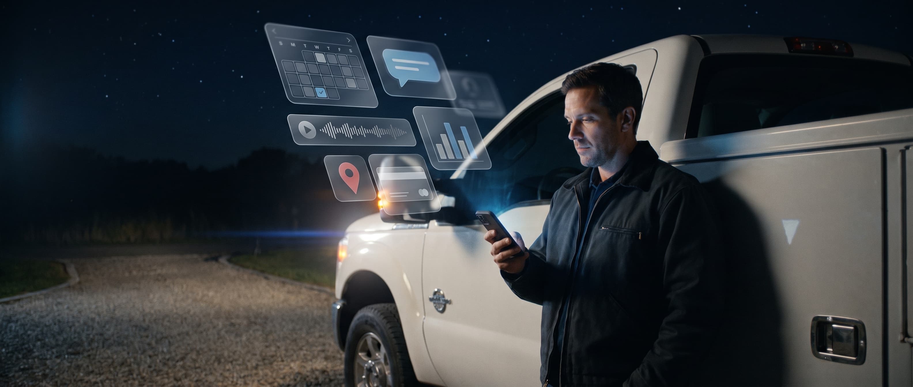 A home service pro at his work truck at dusk, with calendar, messaging, payments, and map panels rising from his phone