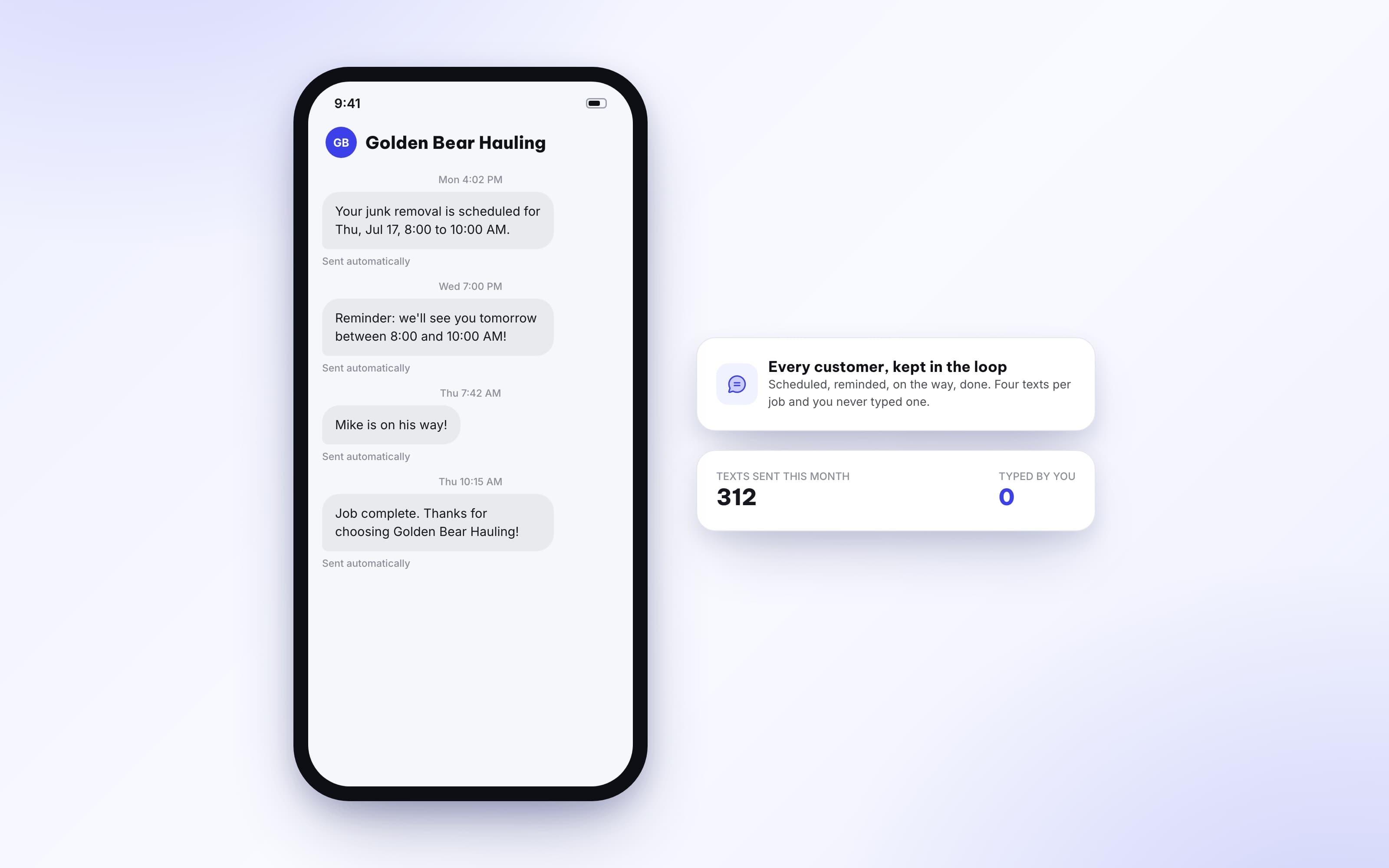 Autopilot sending a scheduled confirmation, day-before reminder, on-my-way text, and job-complete message automatically