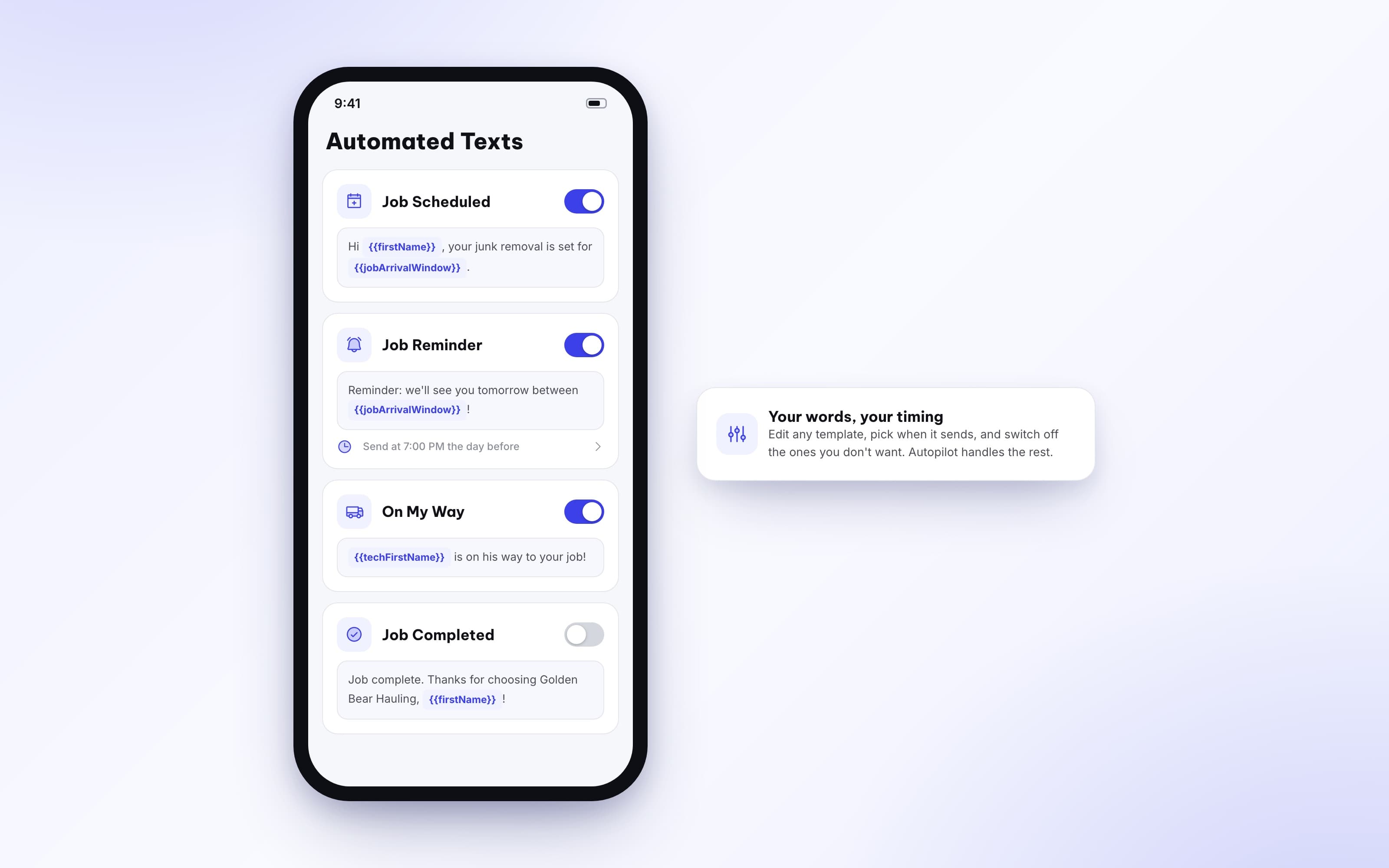 Editable automated text templates with merge fields and toggles per job status