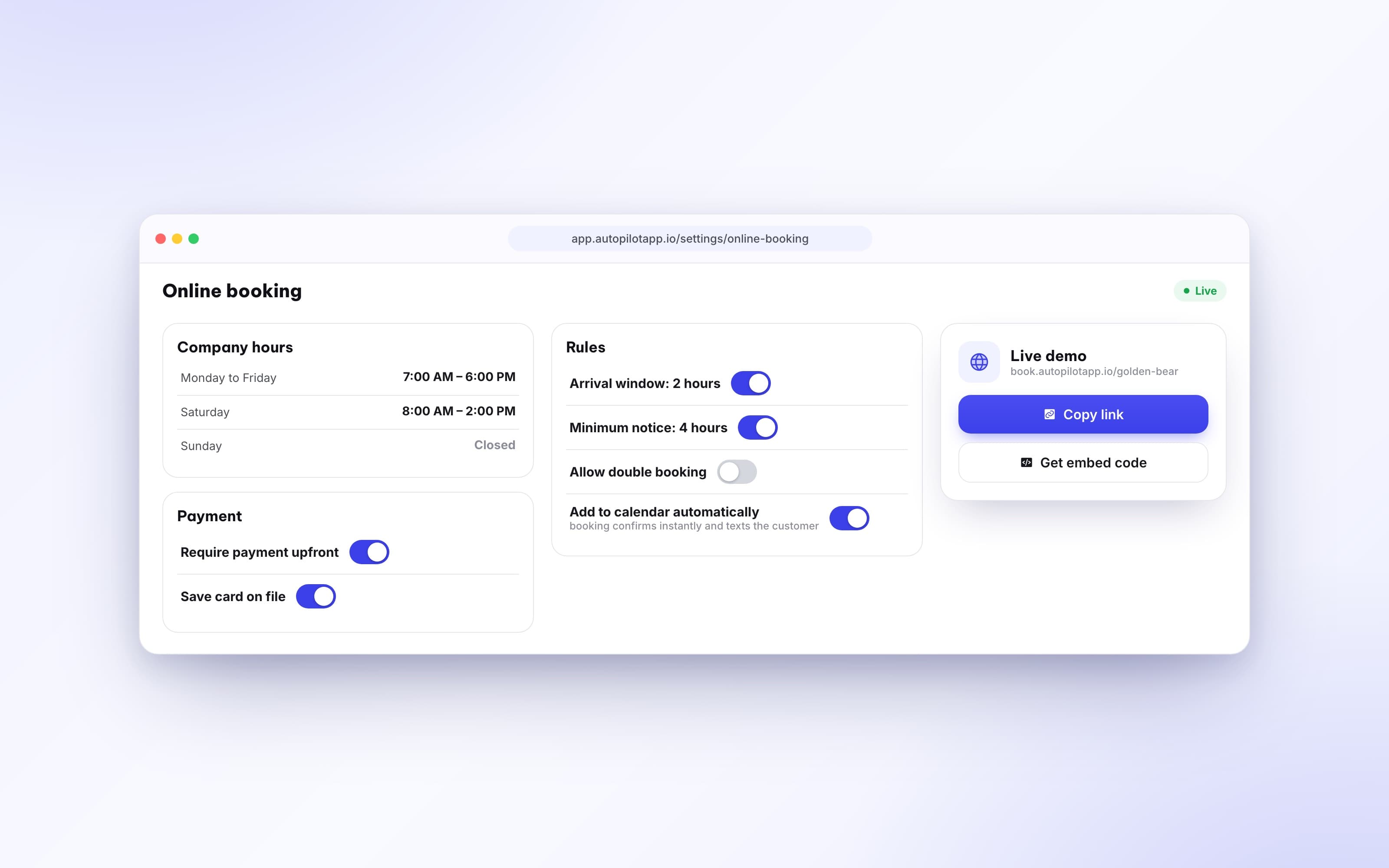 Booking settings for hours, arrival windows, minimum notice, and auto confirm