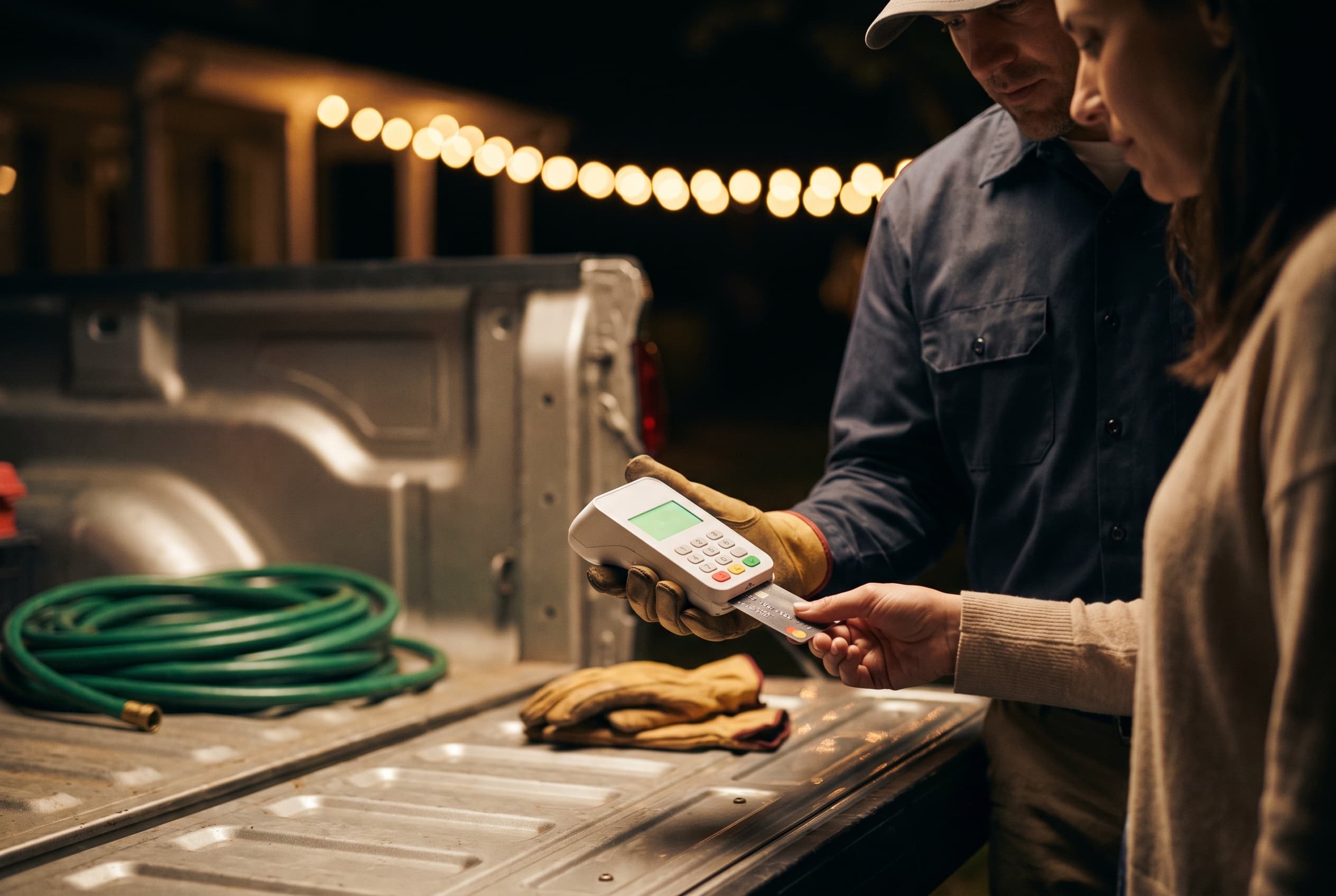 A technician taking a chip card payment on a Stripe card reader at a job site