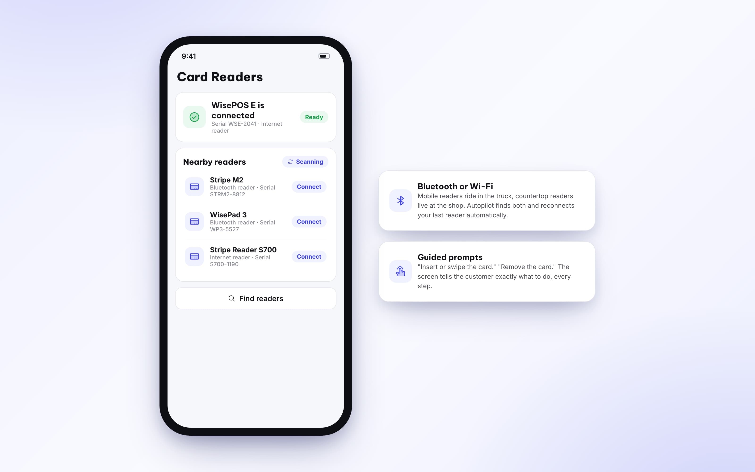 Autopilot settings screen finding and pairing a nearby Stripe card reader
