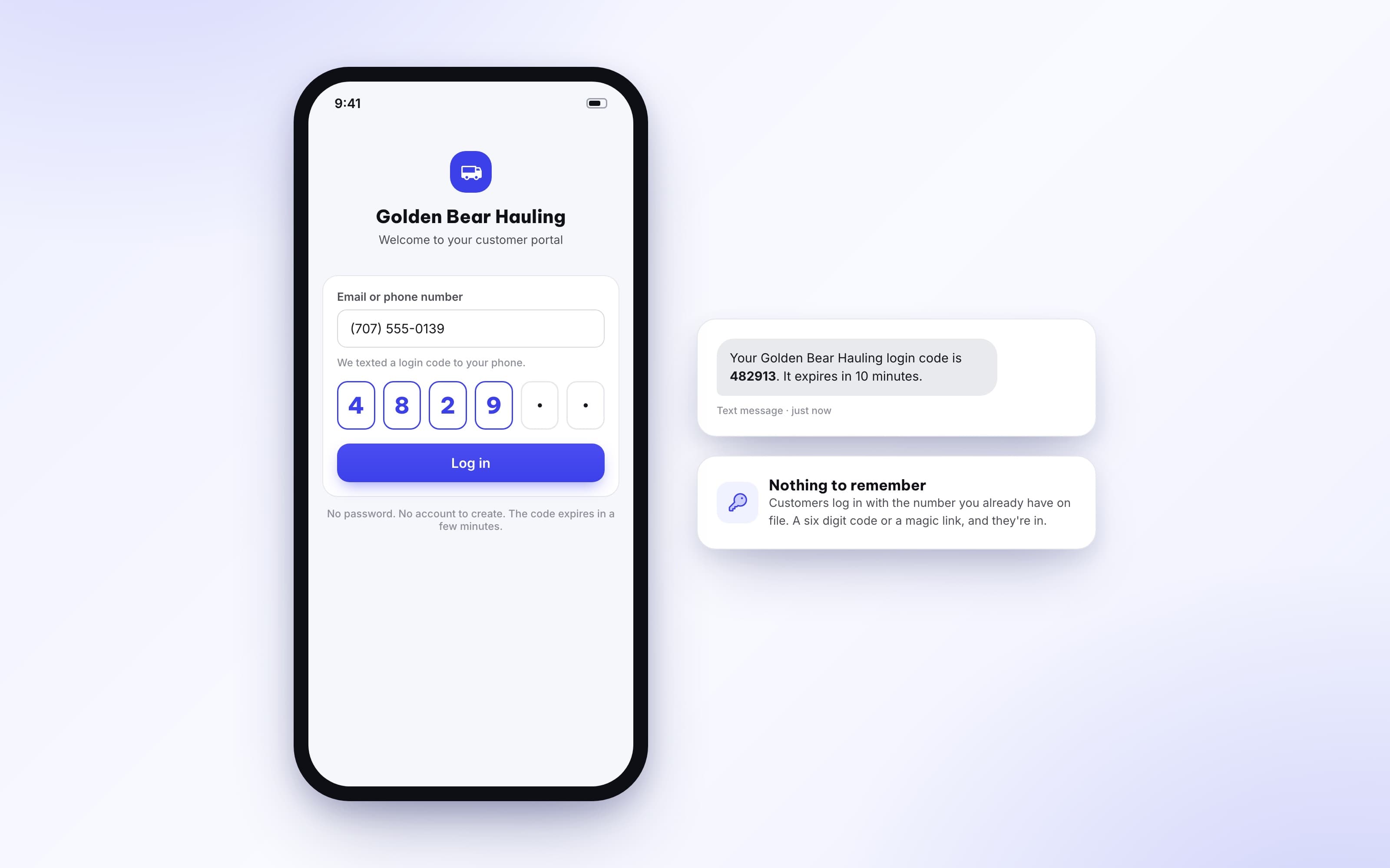 Passwordless client portal login with a six digit code sent by text message