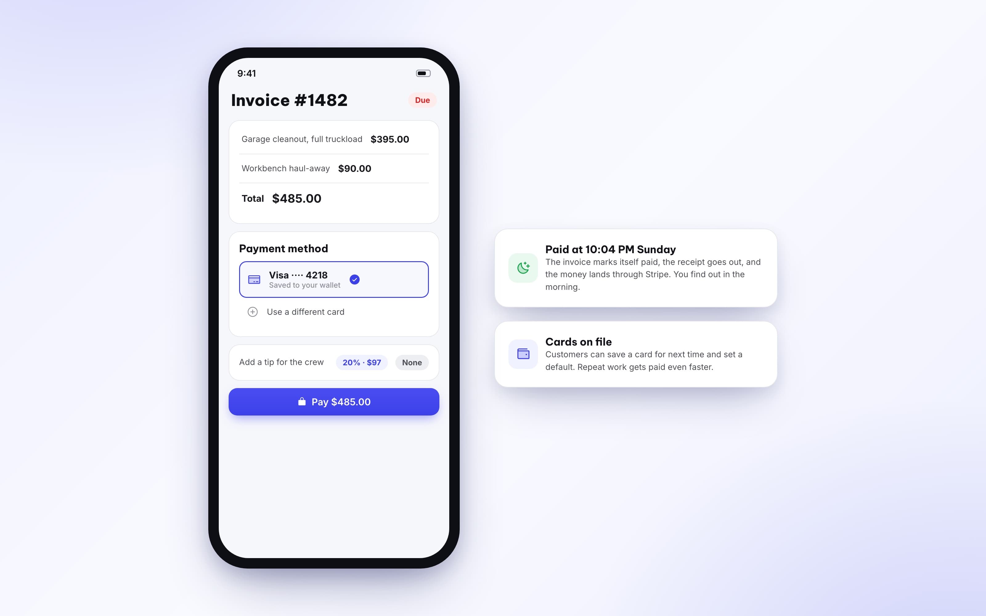 Client portal invoice payment screen with saved card and tip options