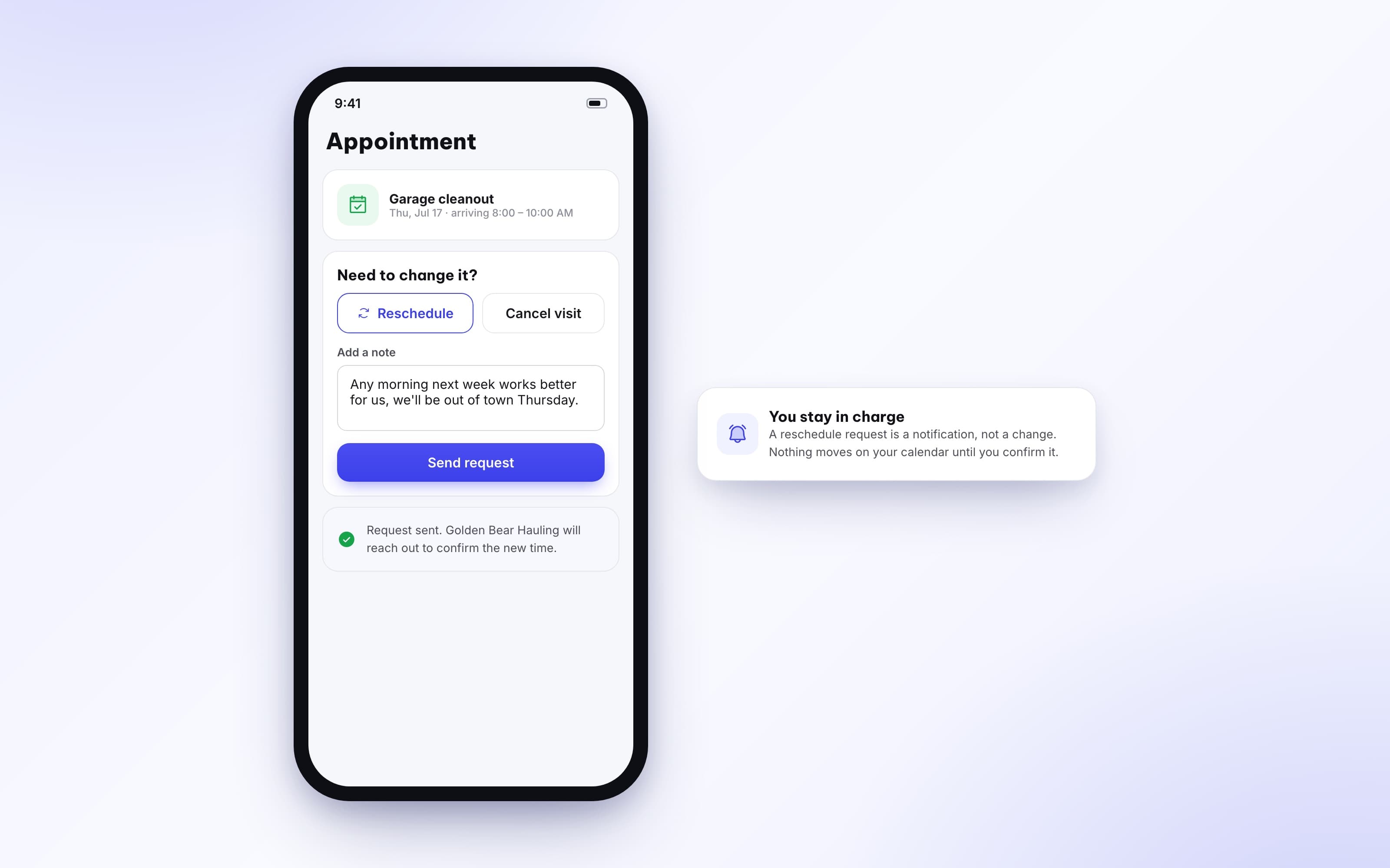 Reschedule request form for an upcoming appointment in the client portal