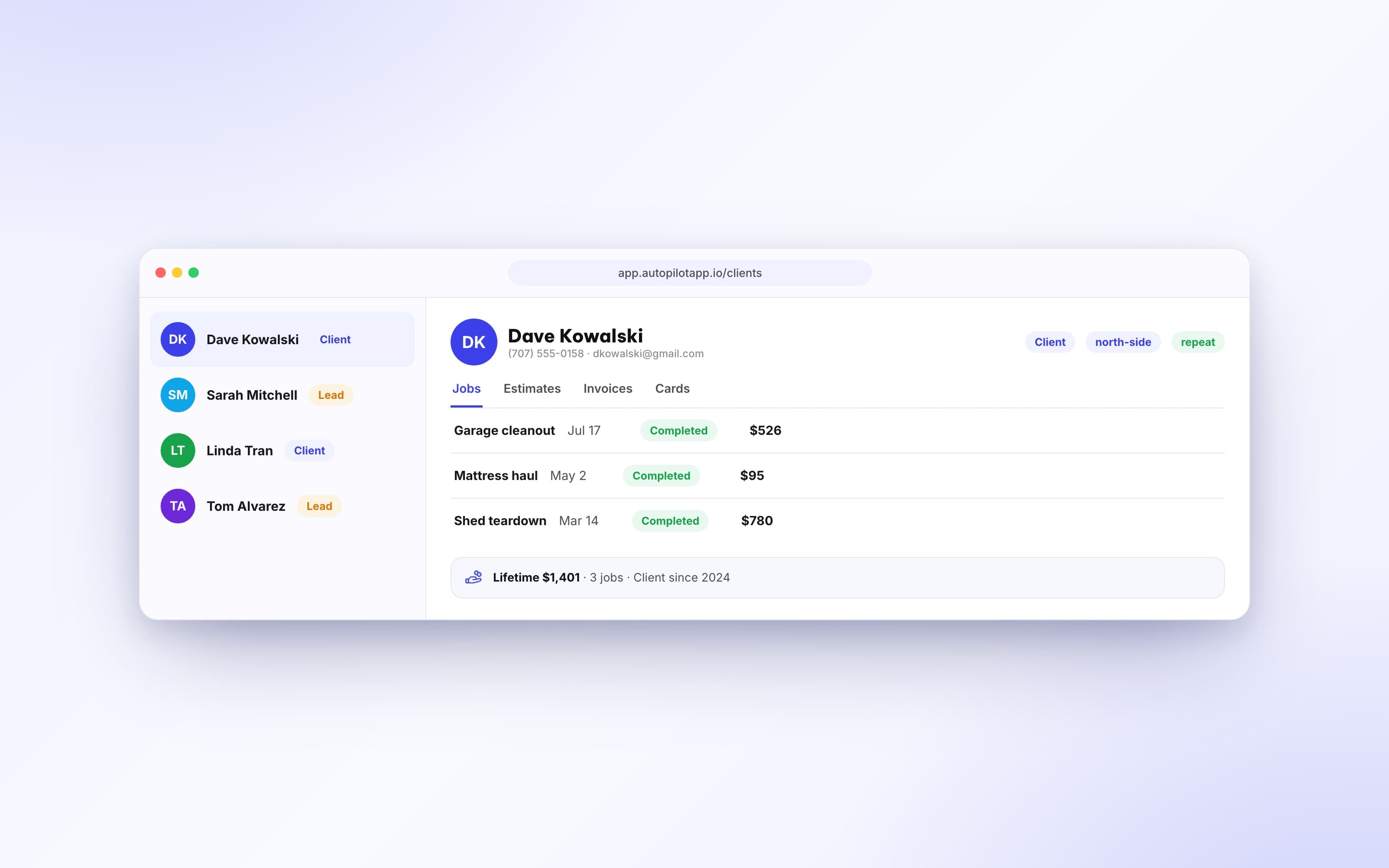 Client profile showing jobs, estimates, invoices, and saved cards in one record
