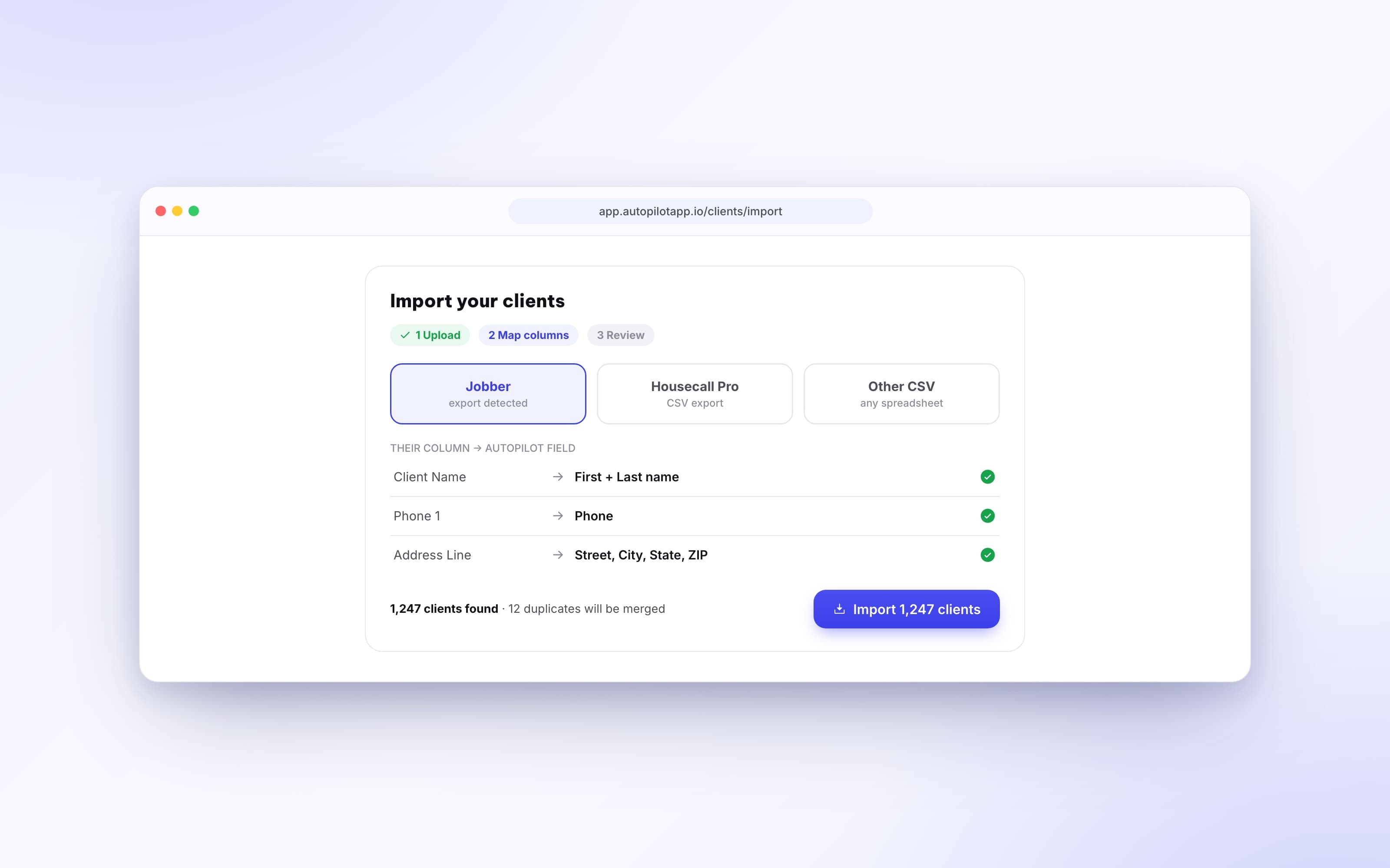 Client importer with presets for Jobber and Housecall Pro exports