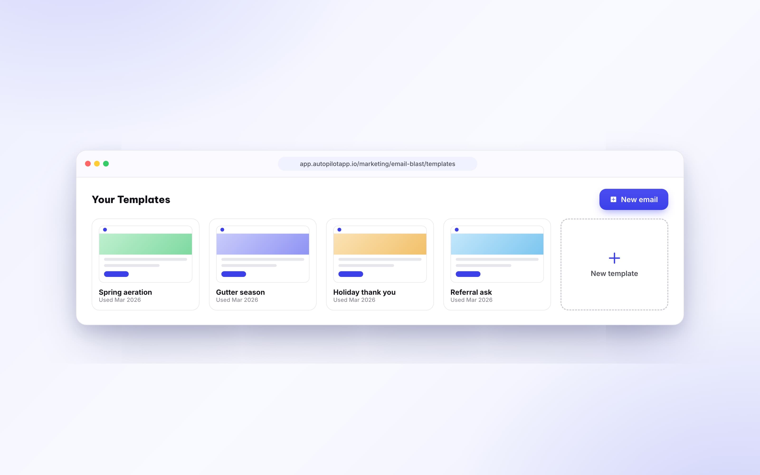 Saved email template library with reusable campaign designs