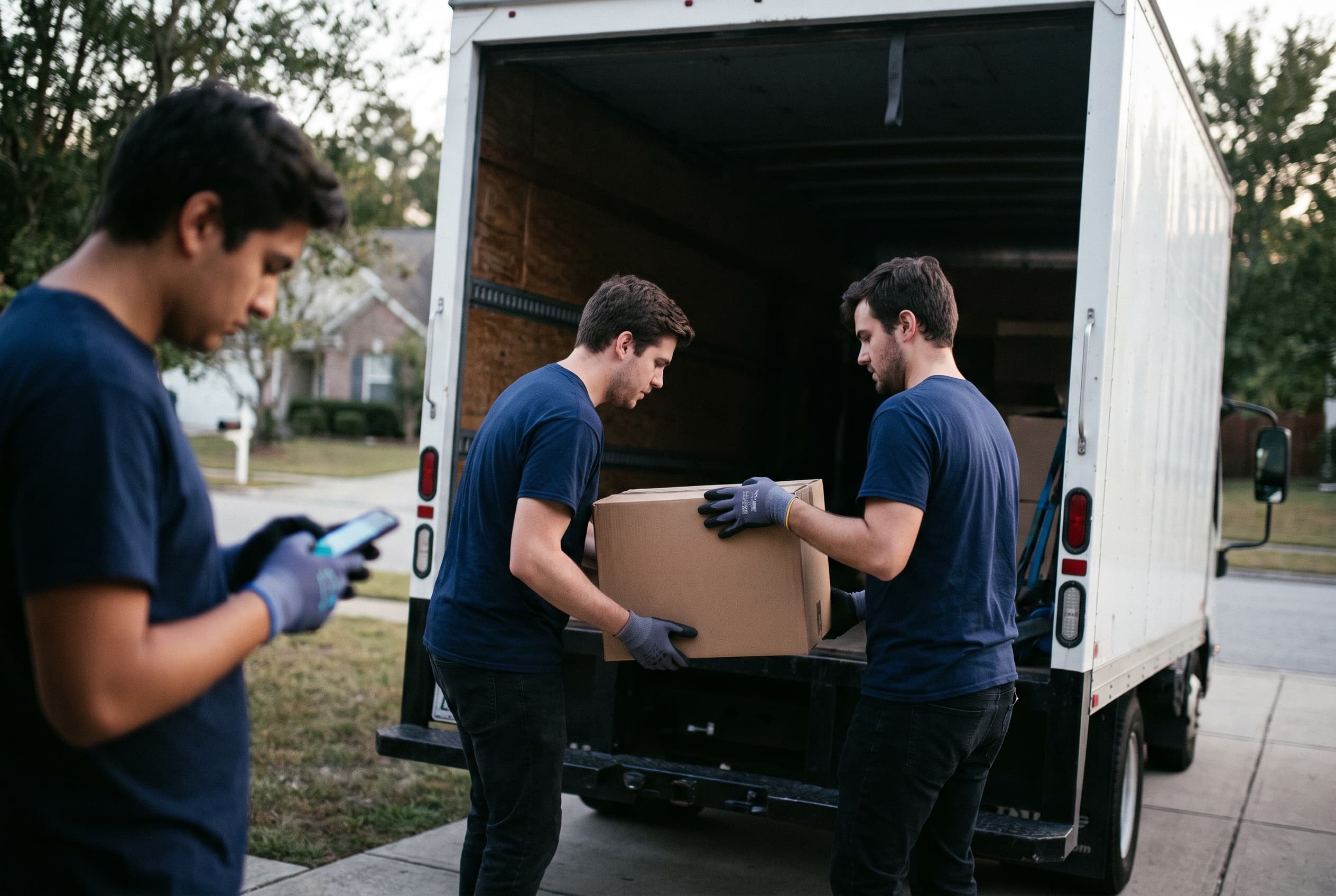 A three person crew loading a box truck at sunrise while one checks the day's jobs on a phone