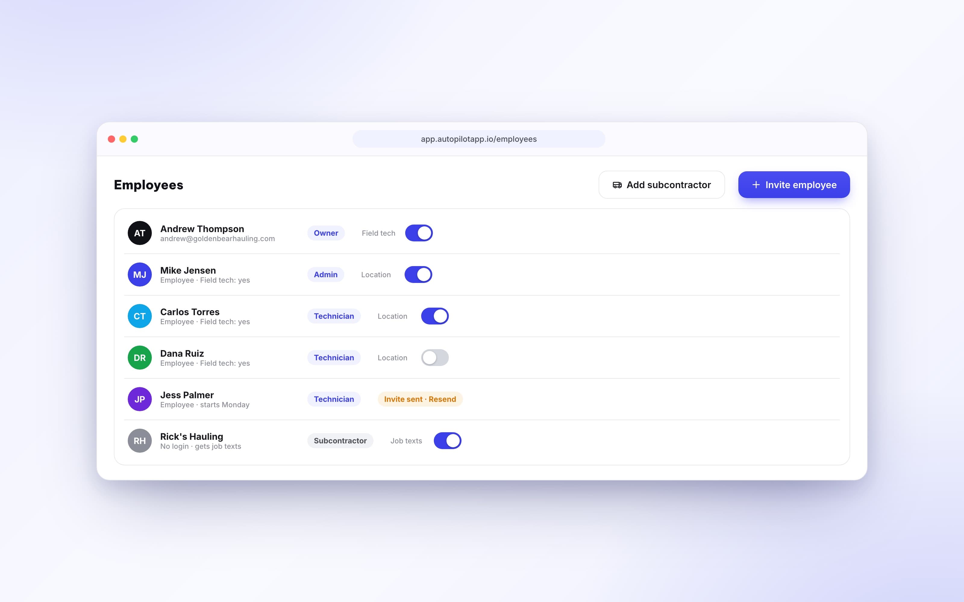 Team list with owner, admin, and technician roles and field tech toggles