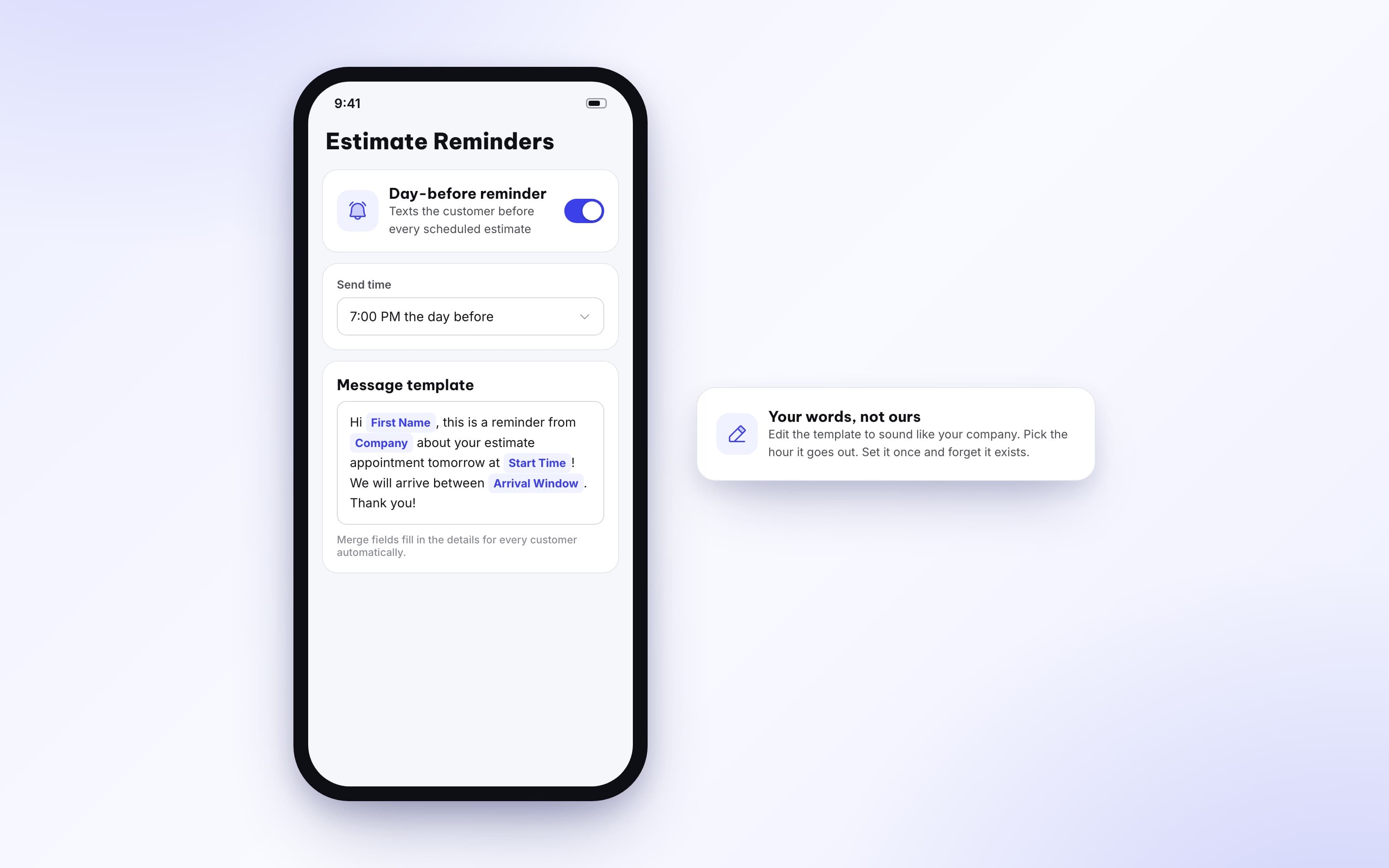 Editable estimate reminder template with merge fields and a send time setting