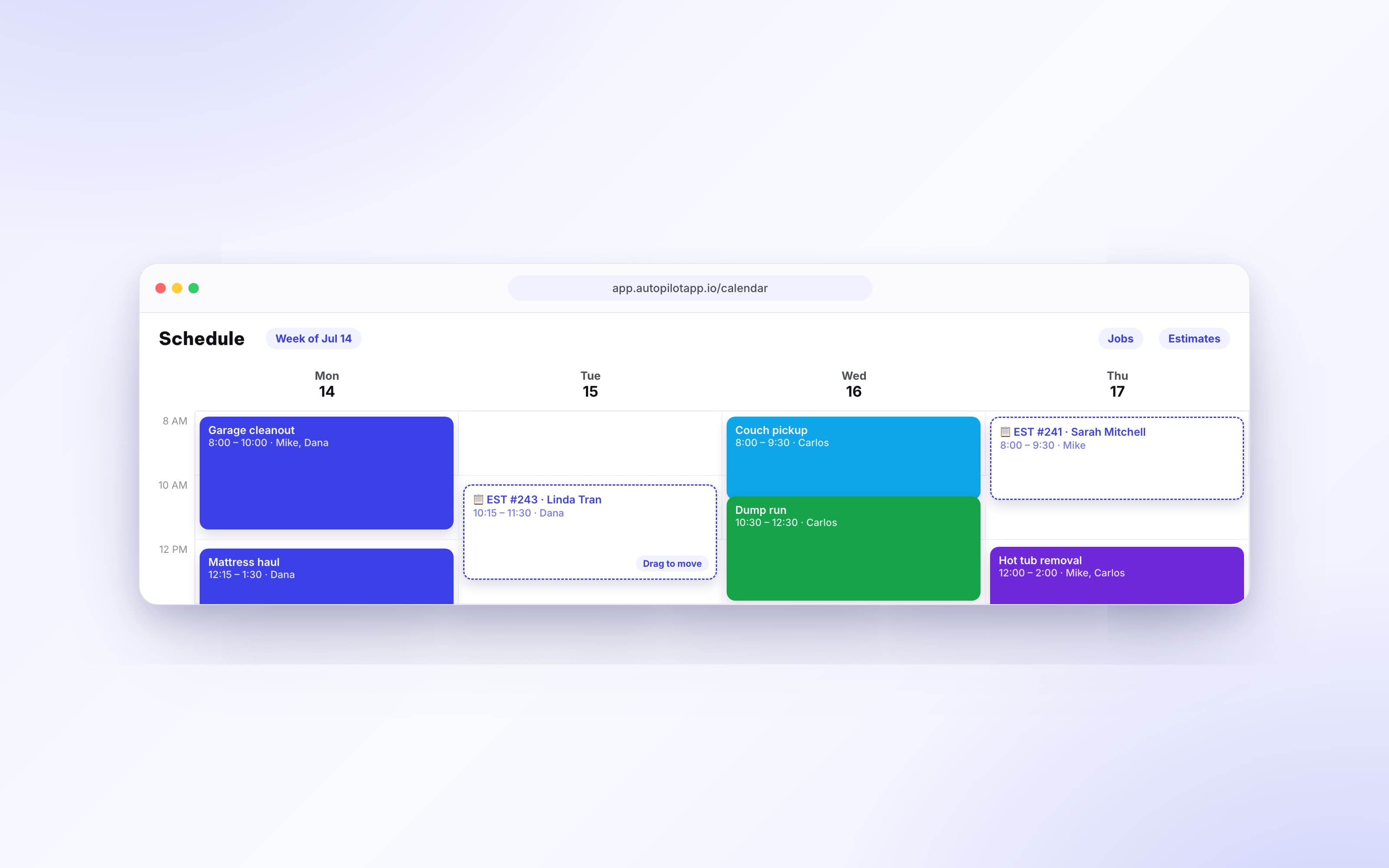 Estimate appointments shown on the dispatch calendar and map alongside jobs