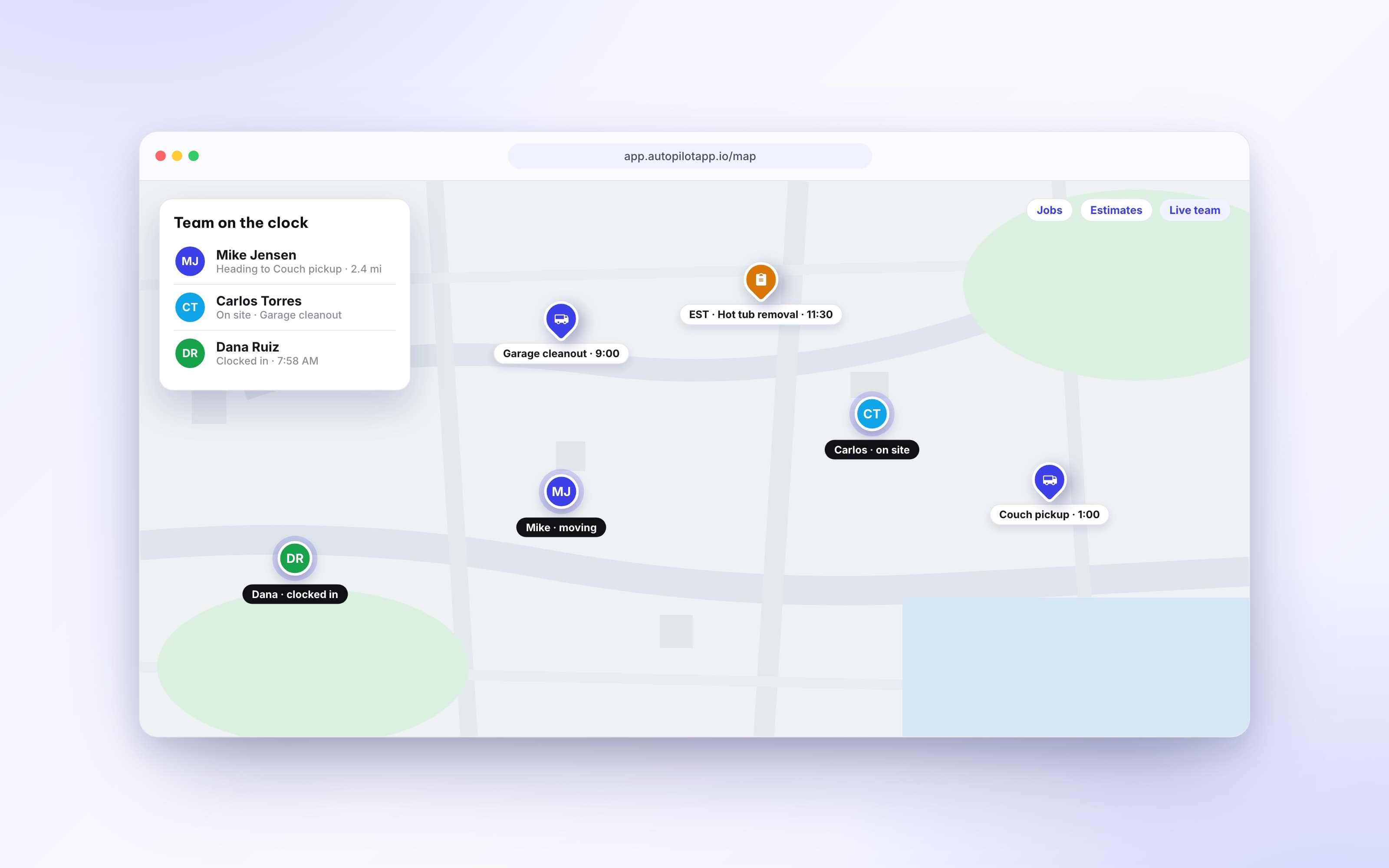 Autopilot GPS tracking map showing live crew locations and scheduled jobs