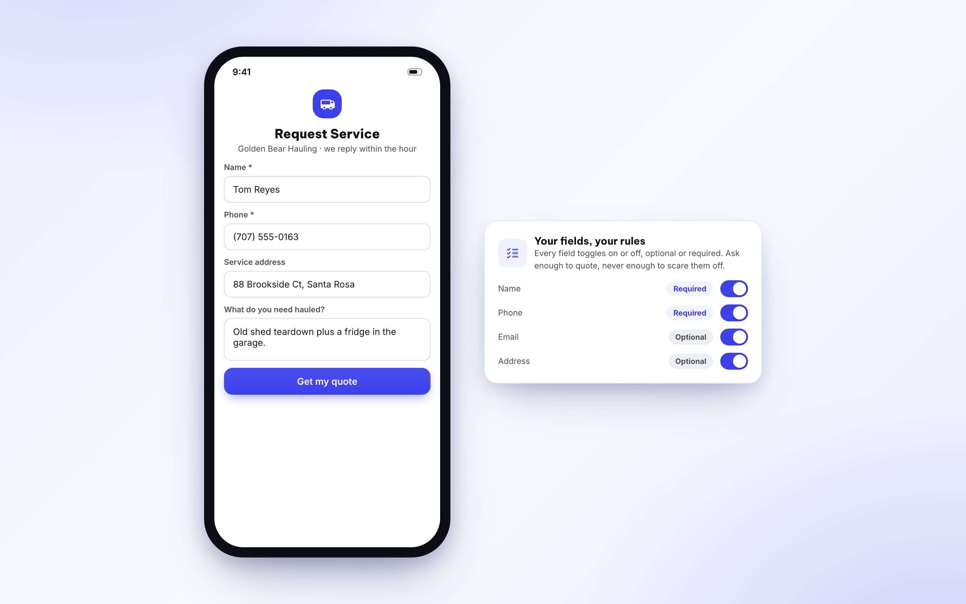 Hosted request-service form with the fields a customer fills out to get a quote