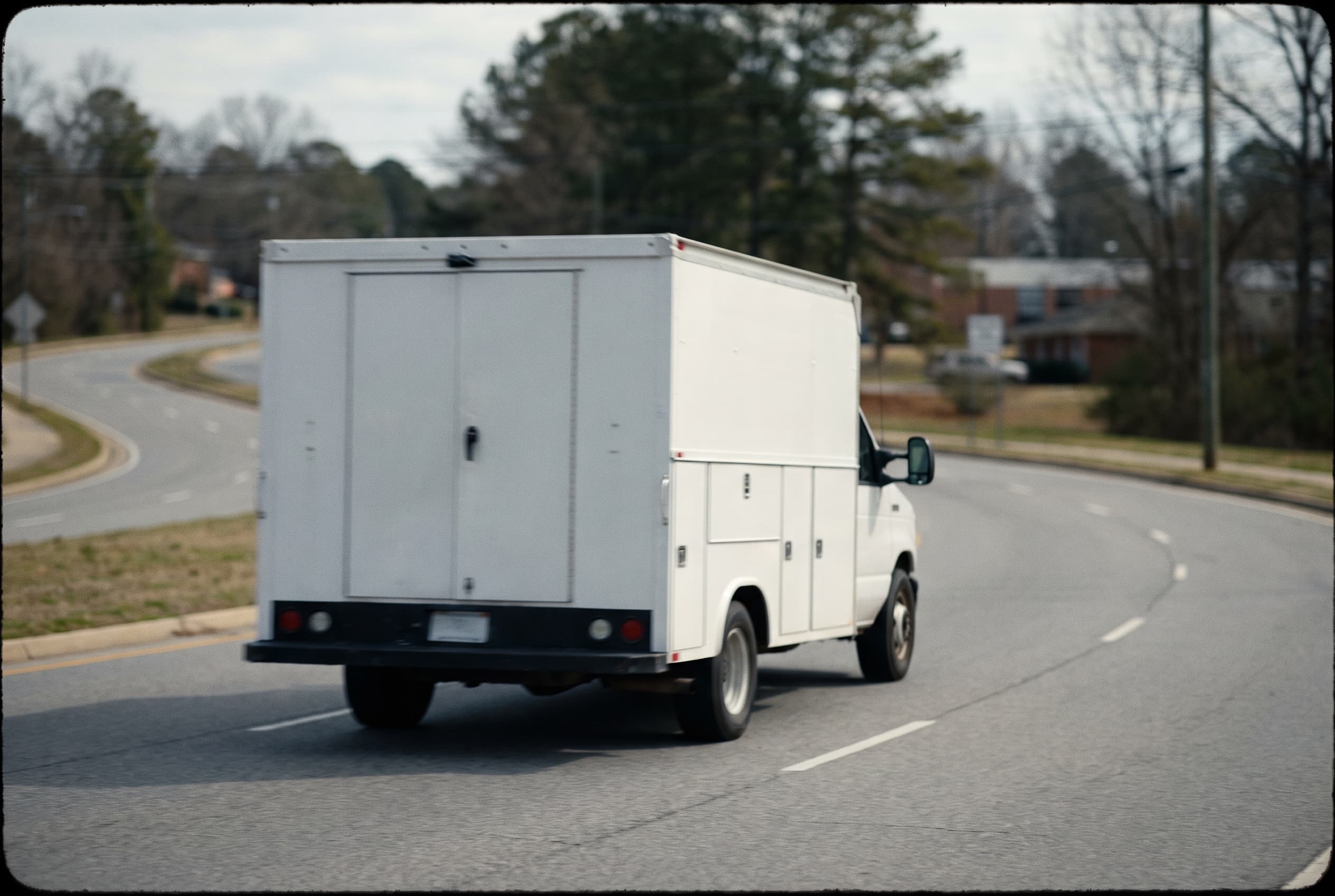 A service truck heading down a quiet suburban street at dawn