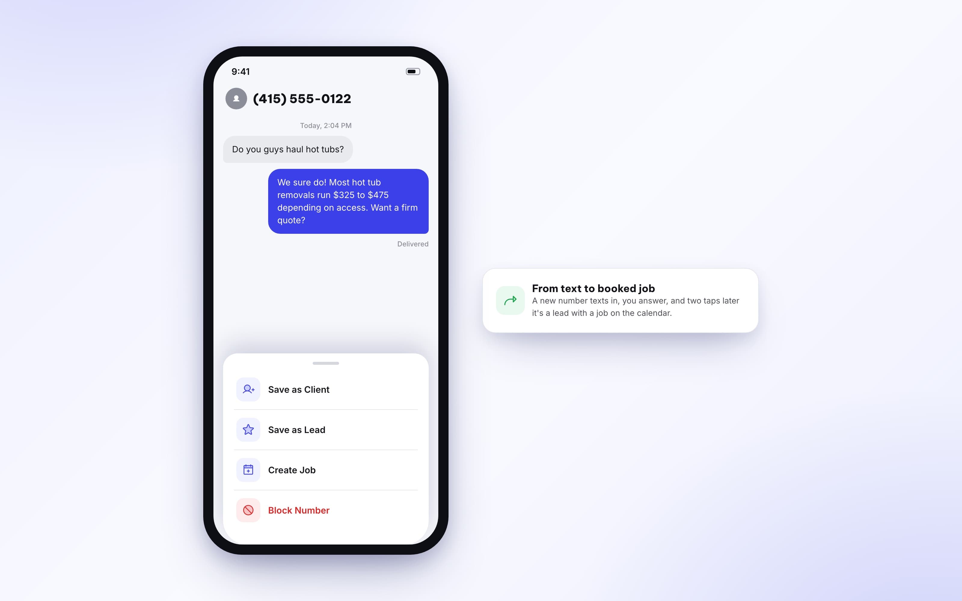 Conversation menu with options to save the caller as a lead and create a job