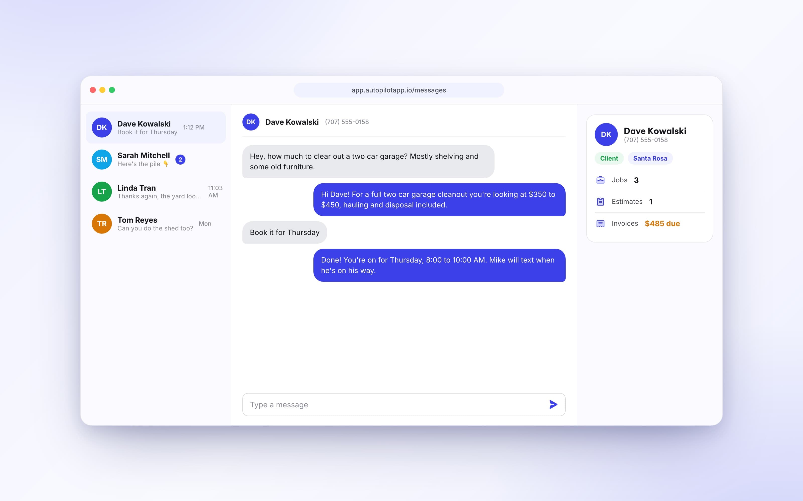 Unified business texting inbox with conversation list, thread, and client details side by side