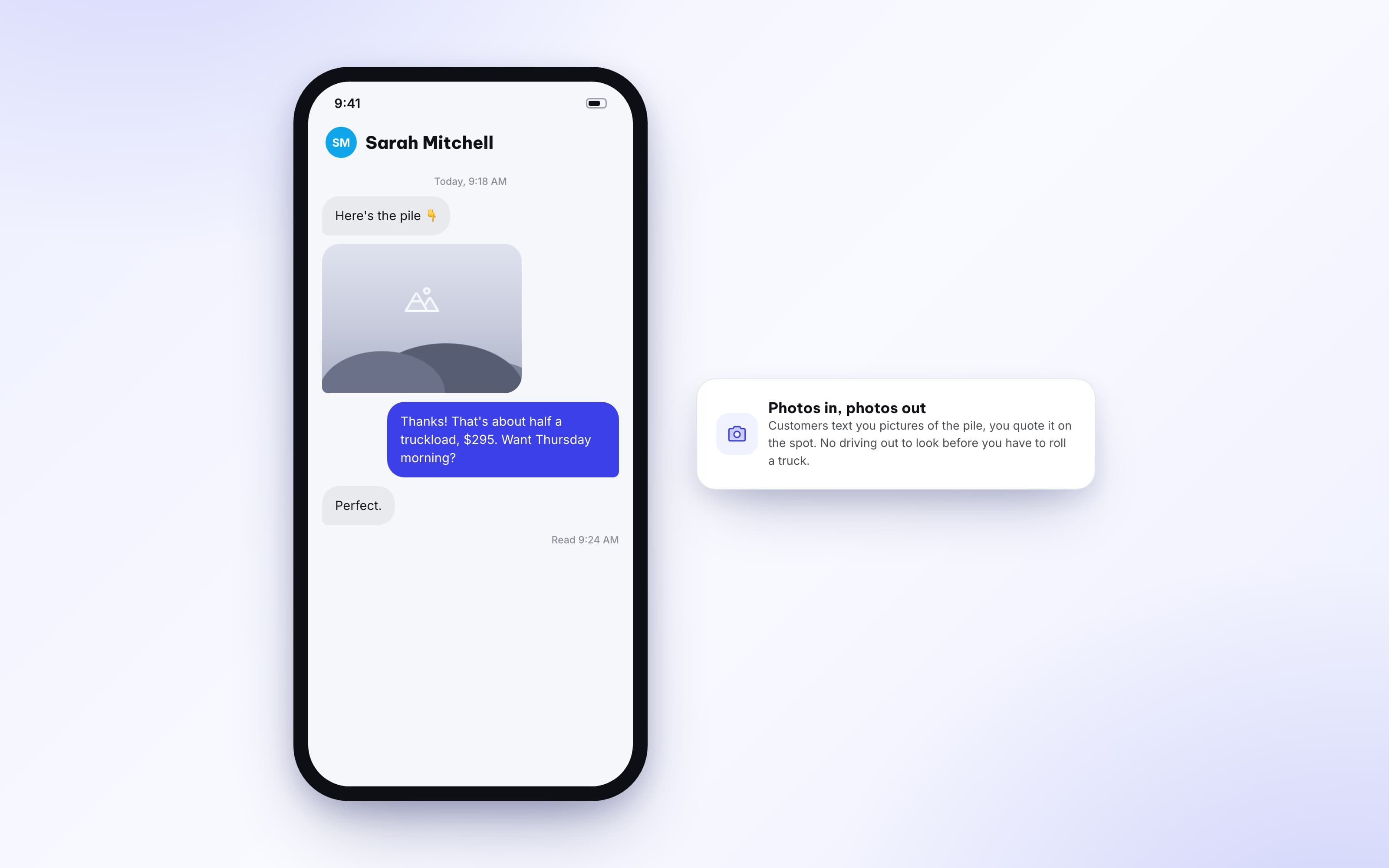 Text conversation with a customer sending photos of the job