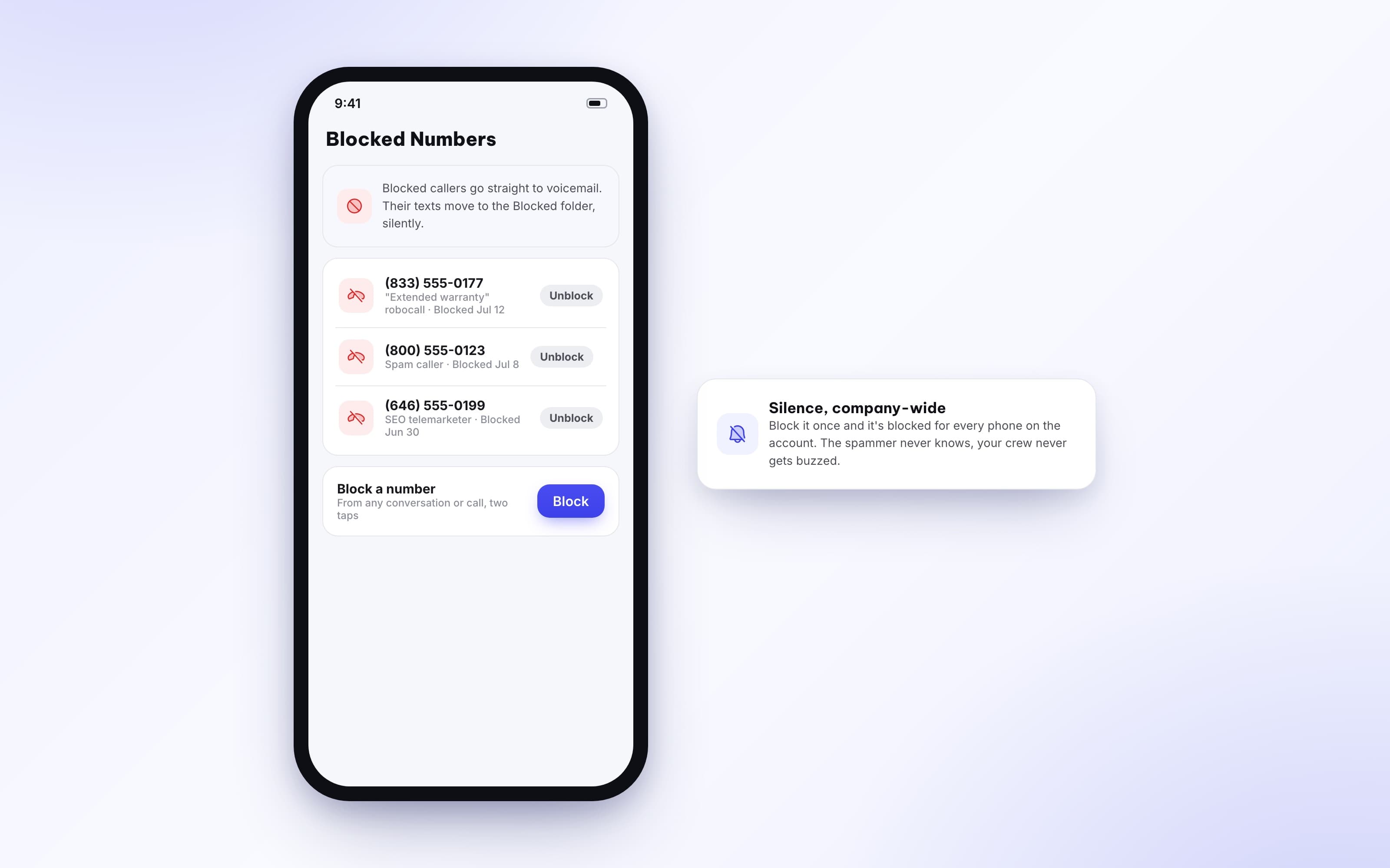 Blocked numbers settings showing spam callers routed straight to voicemail