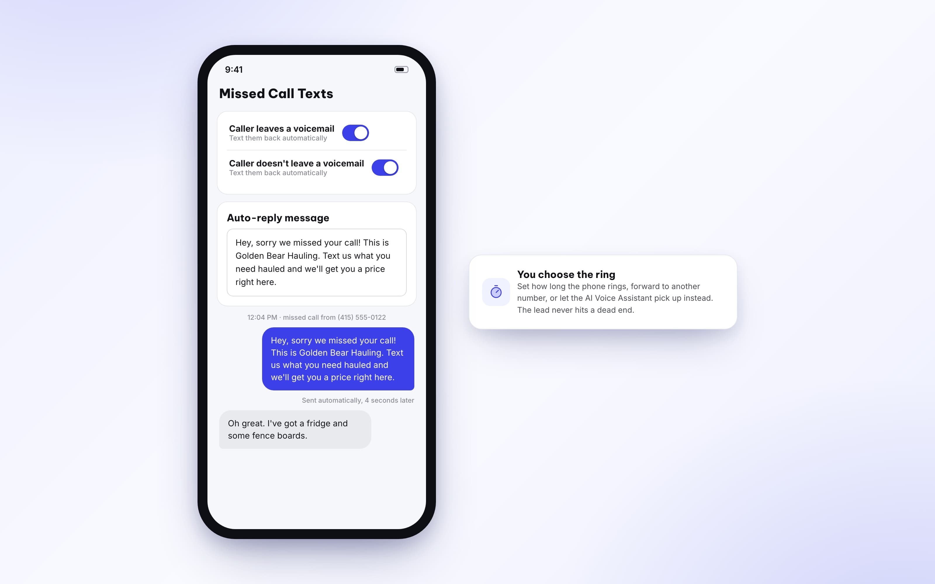 Missed call auto reply settings with an automatic text going out to a missed caller