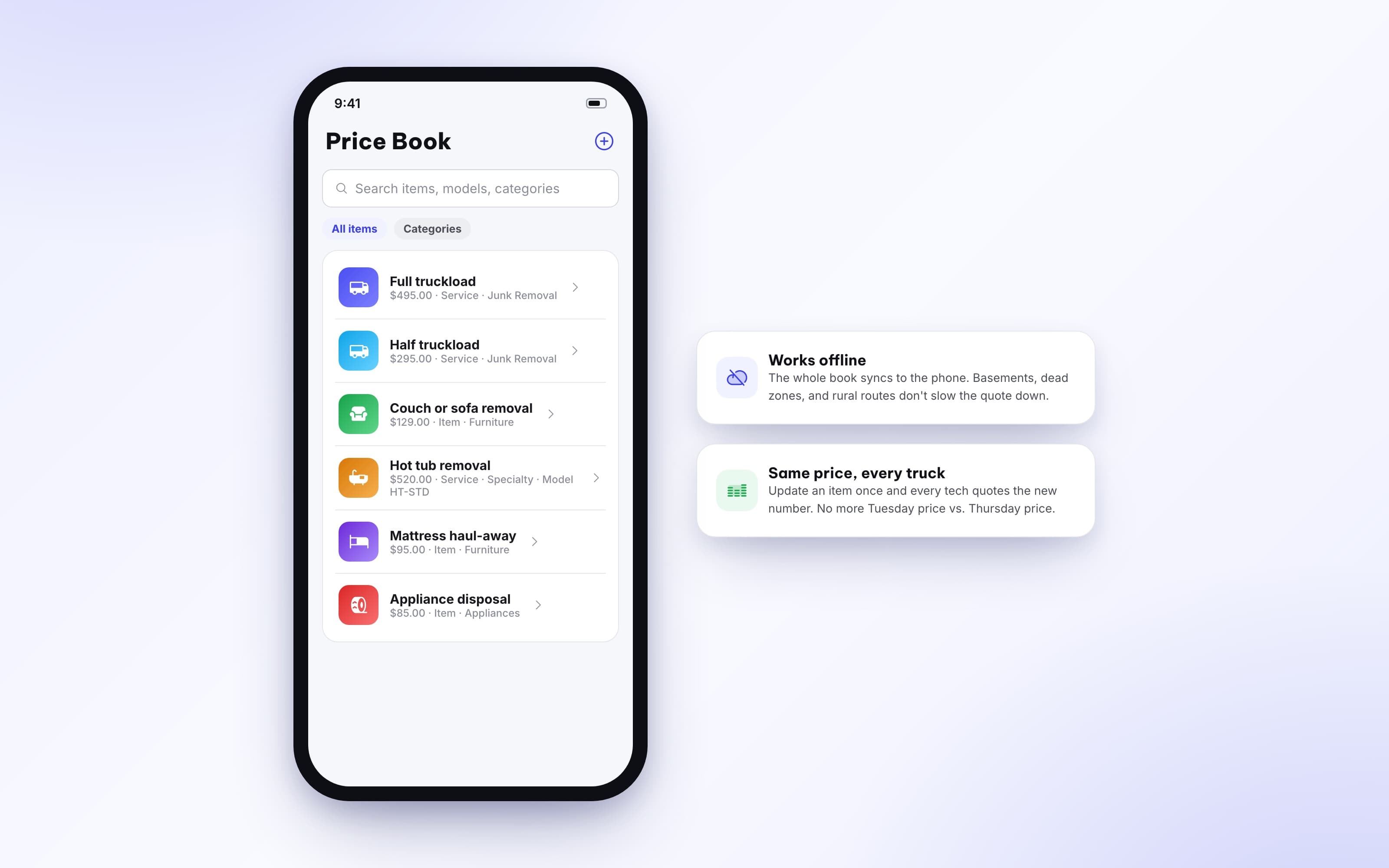 Price book on mobile showing service items with photos, prices, and categories