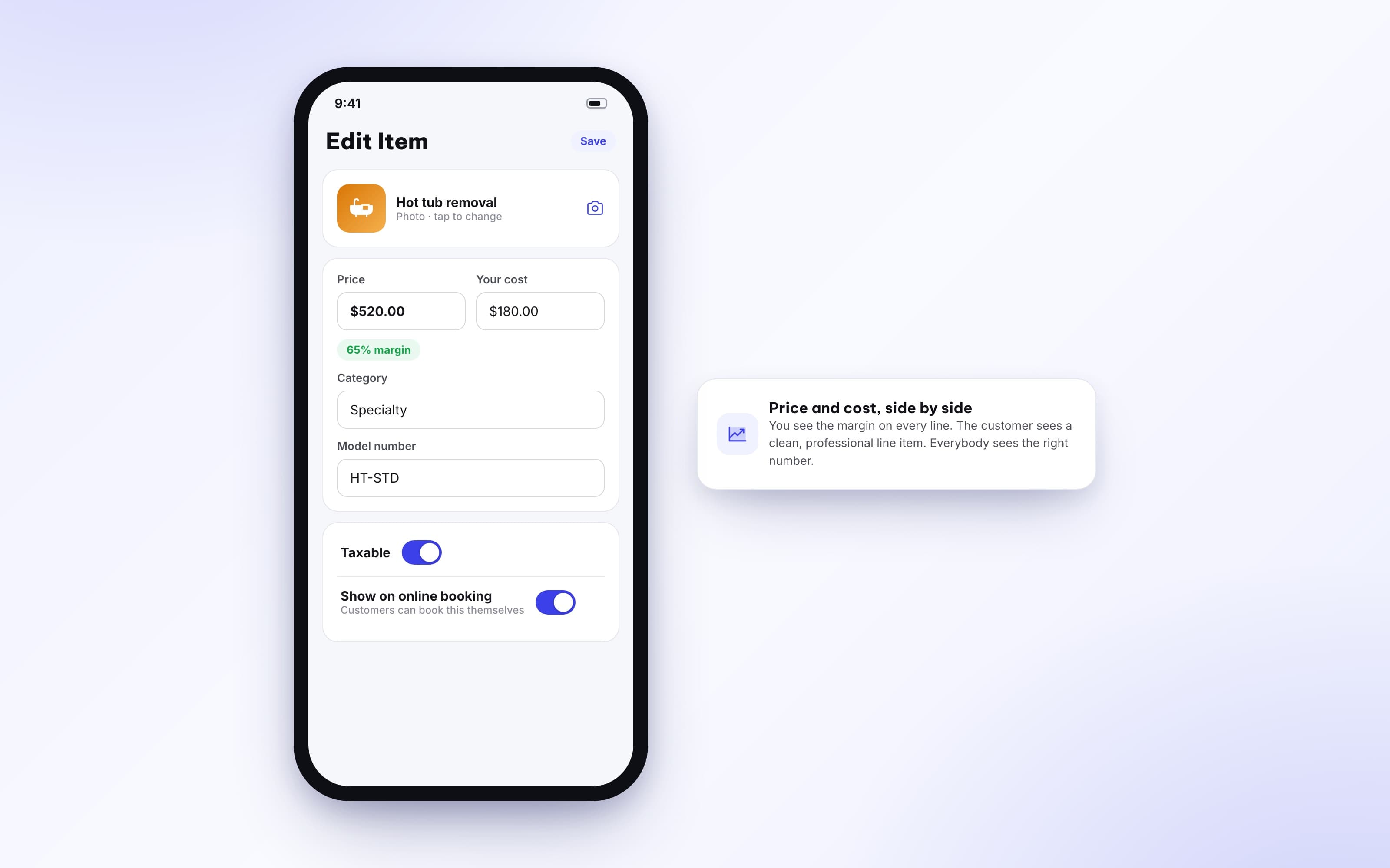 Price book item editor with price, your cost, taxable toggle, and online booking option