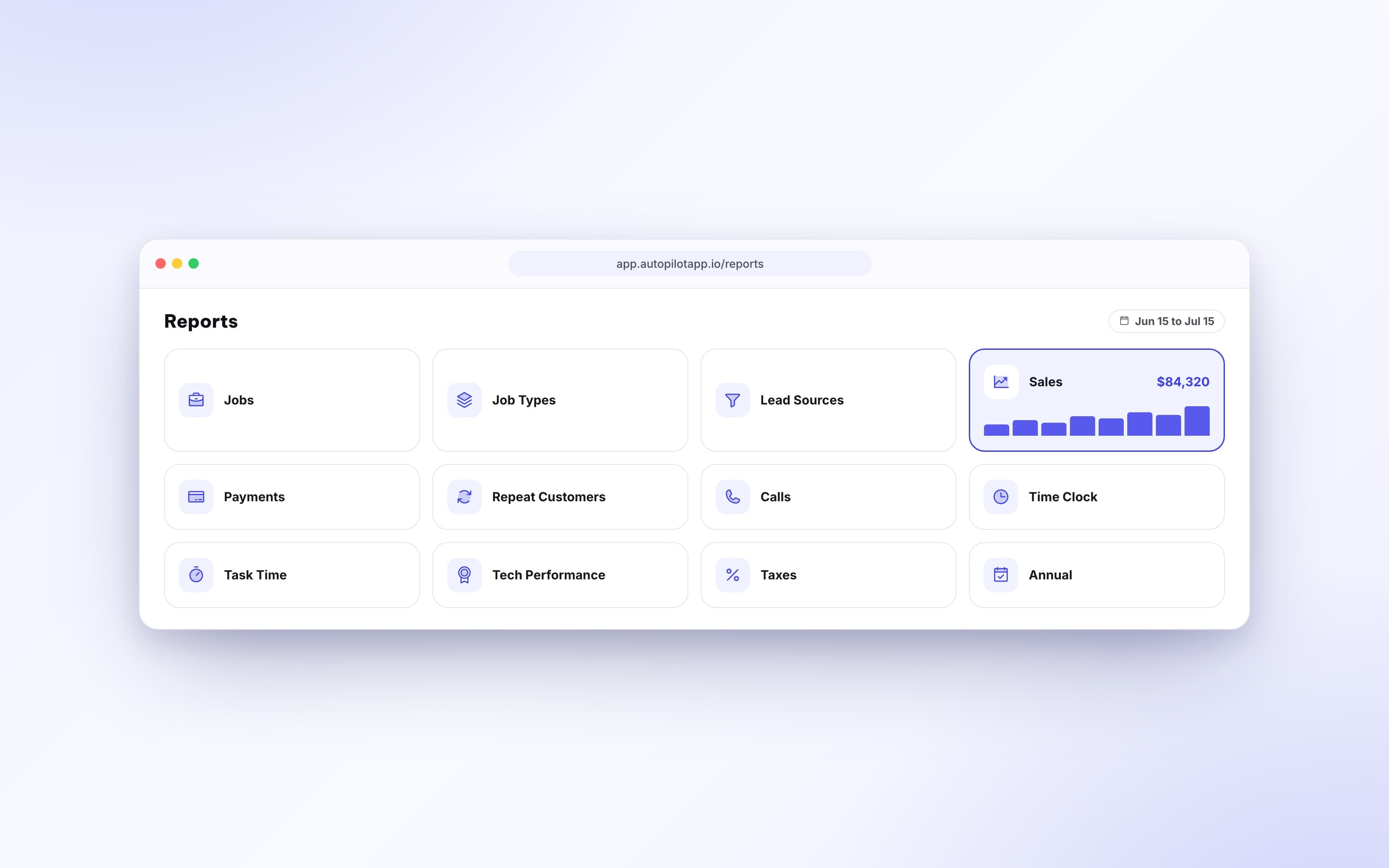 Reports hub with jobs, sales, payments, lead source, and tech performance reports