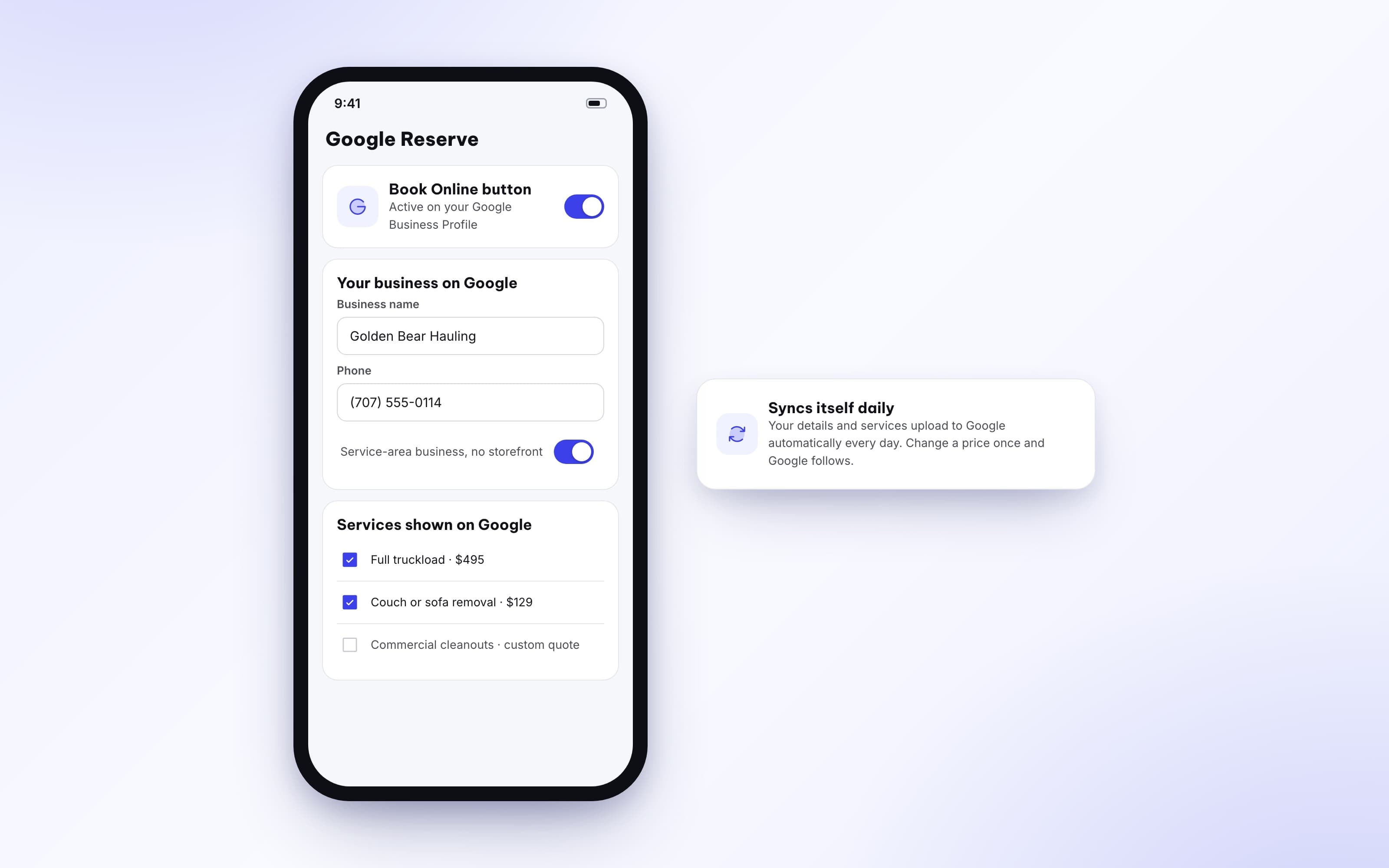 Reserve with Google settings choosing which services appear on the Google listing
