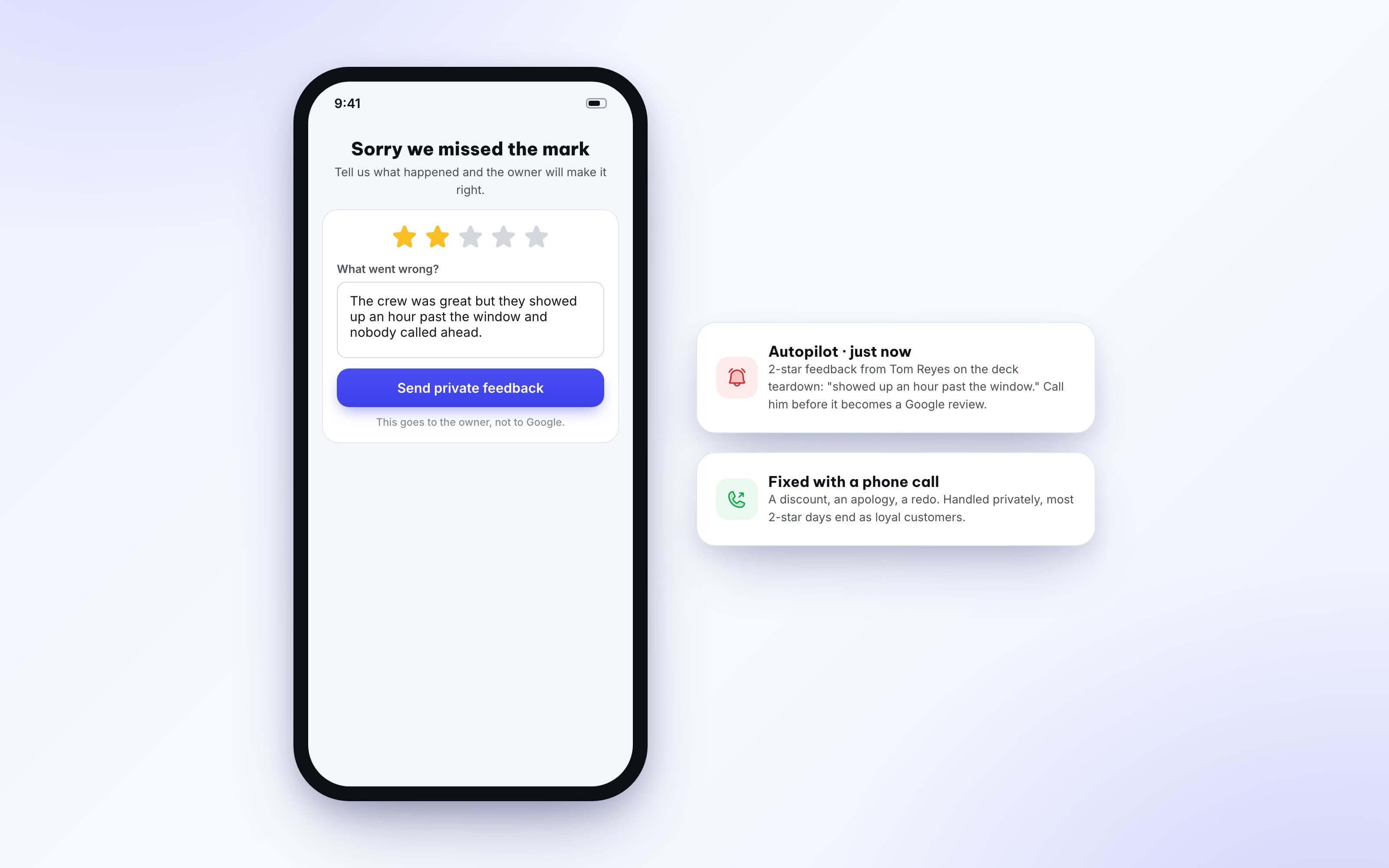 Private feedback form and the owner's instant low-rating alert