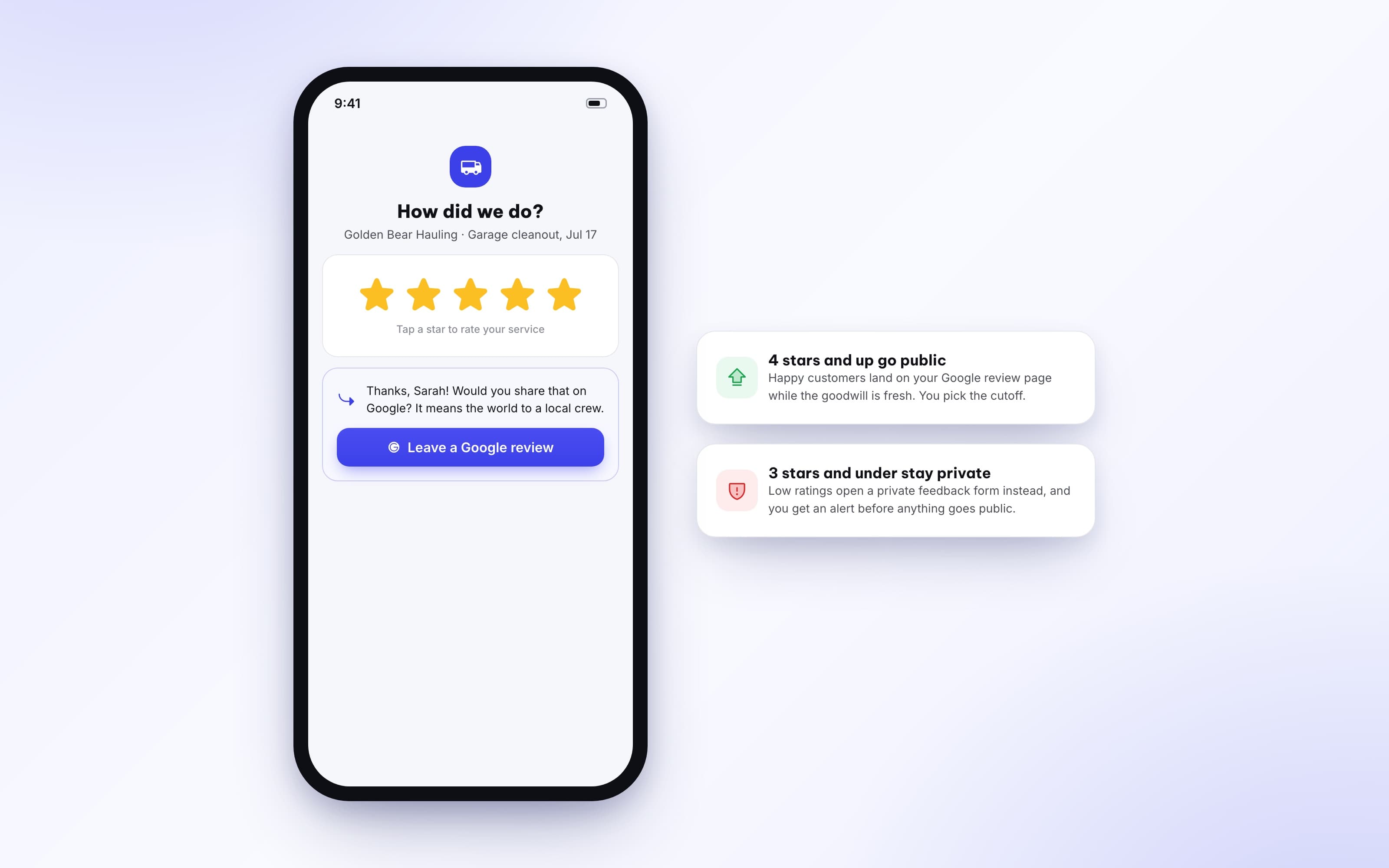 A customer rating five stars and being routed to the Google review page