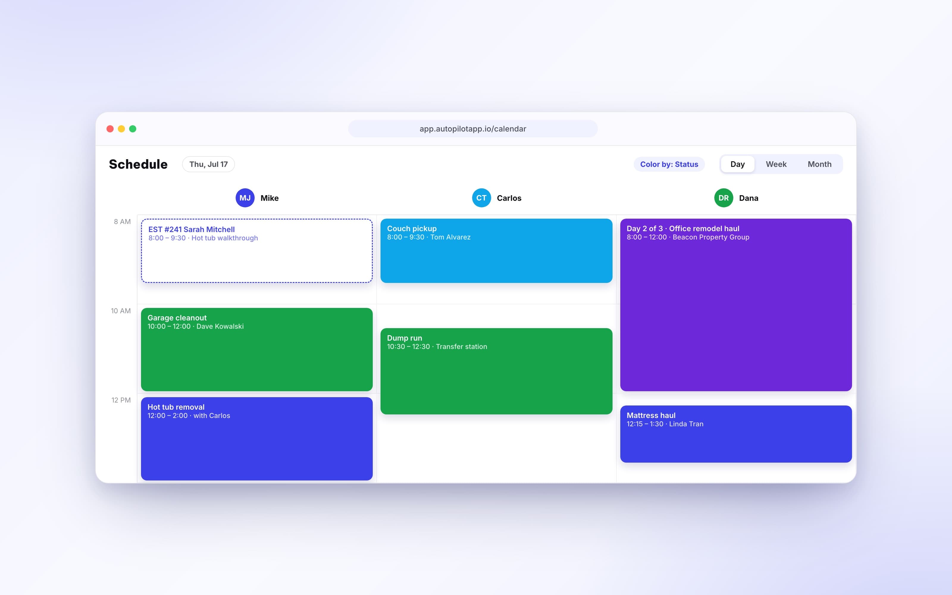 Autopilot scheduling screen with color-coded jobs assigned to technicians