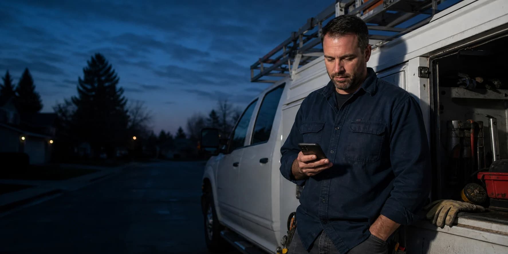 Field service crew lead checking the Autopilot mobile schedule beside his service truck