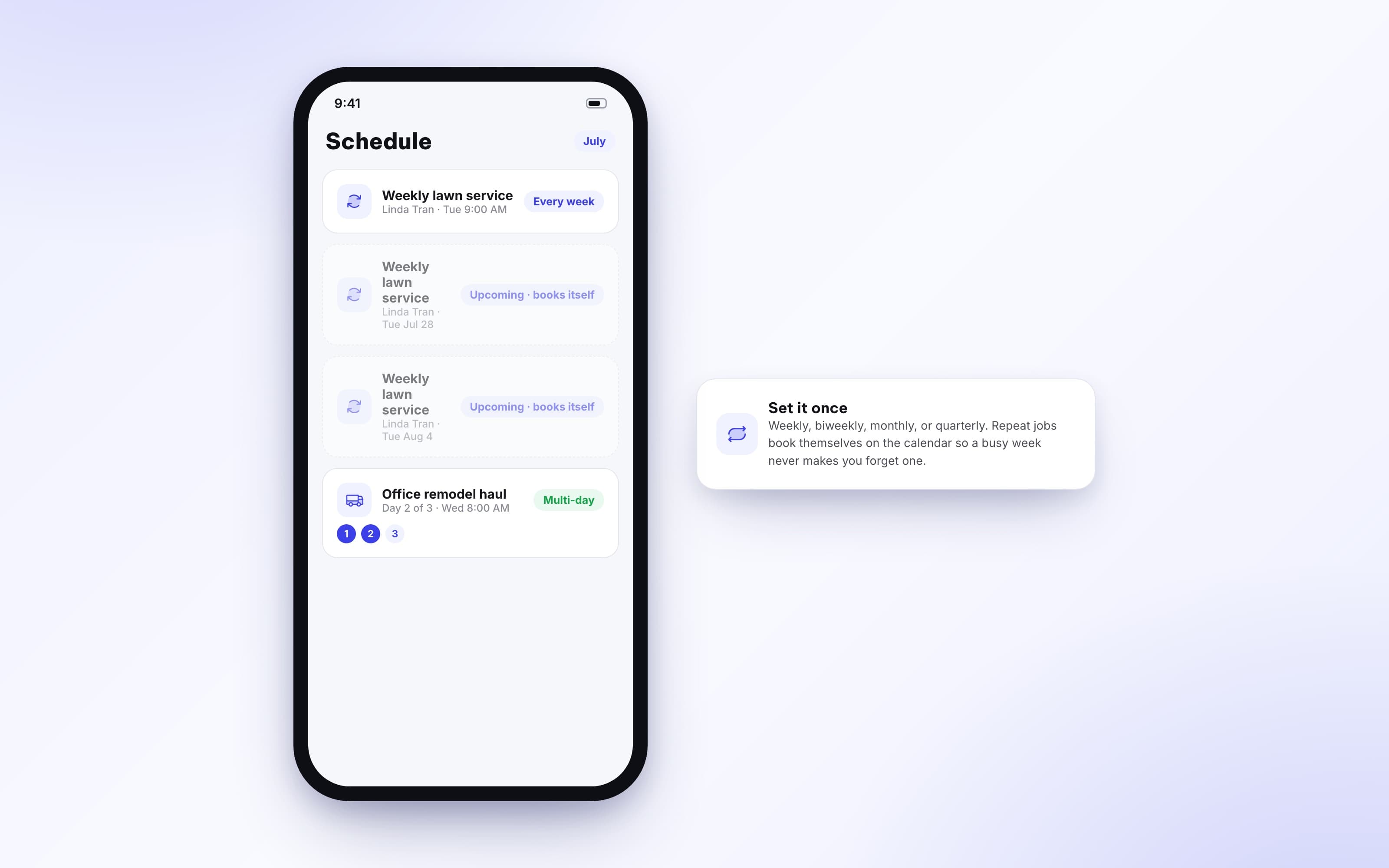 Recurring job series with preview entries and a multi day job across the week