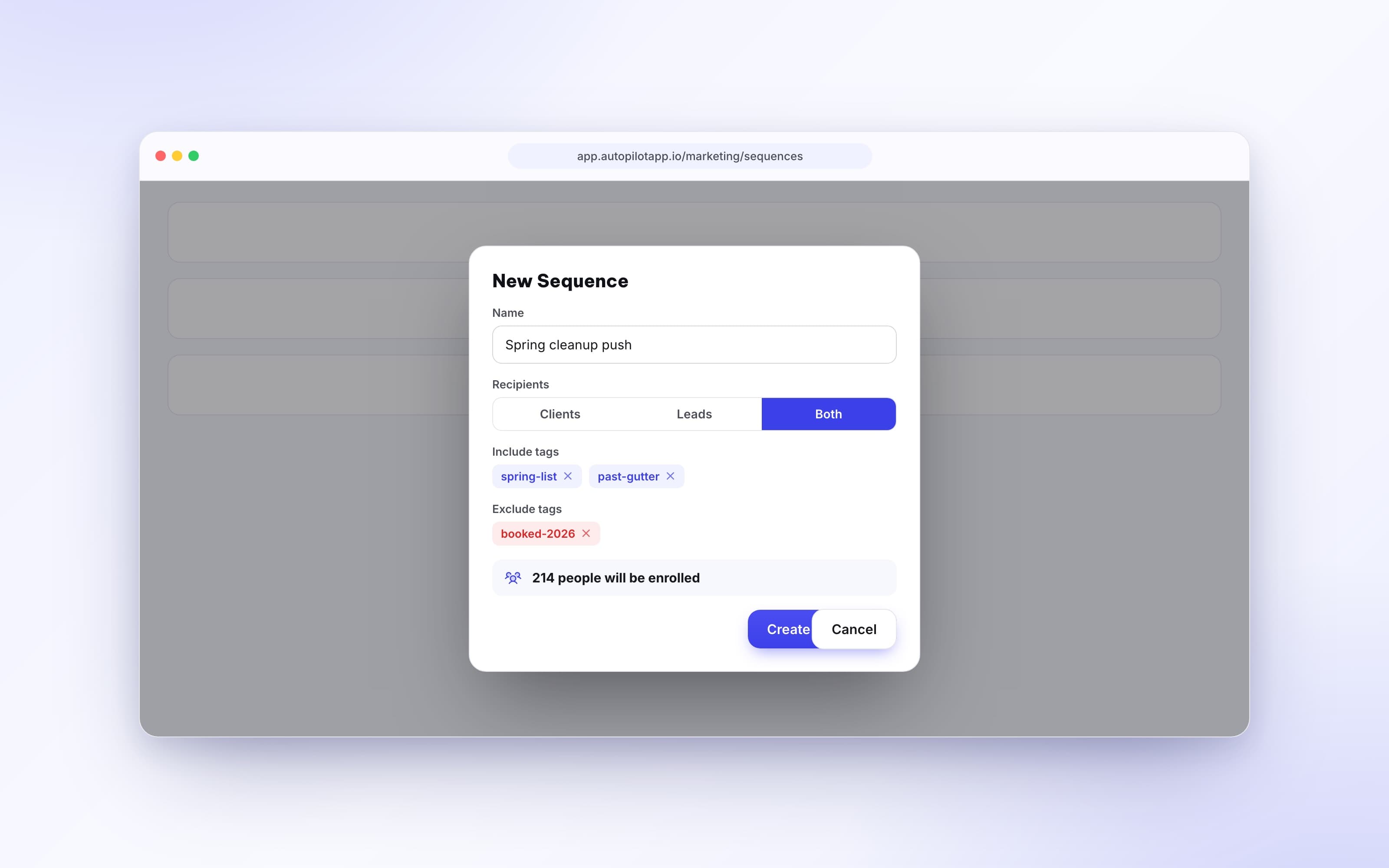 Sequence audience settings choosing clients and leads by tag
