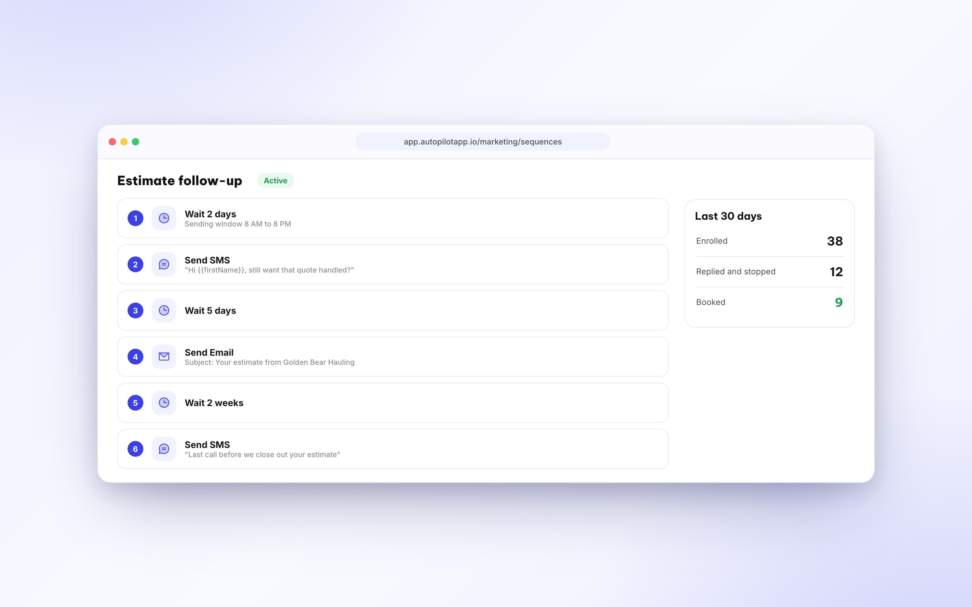 Sequence builder showing wait steps, a text message, and an email in order