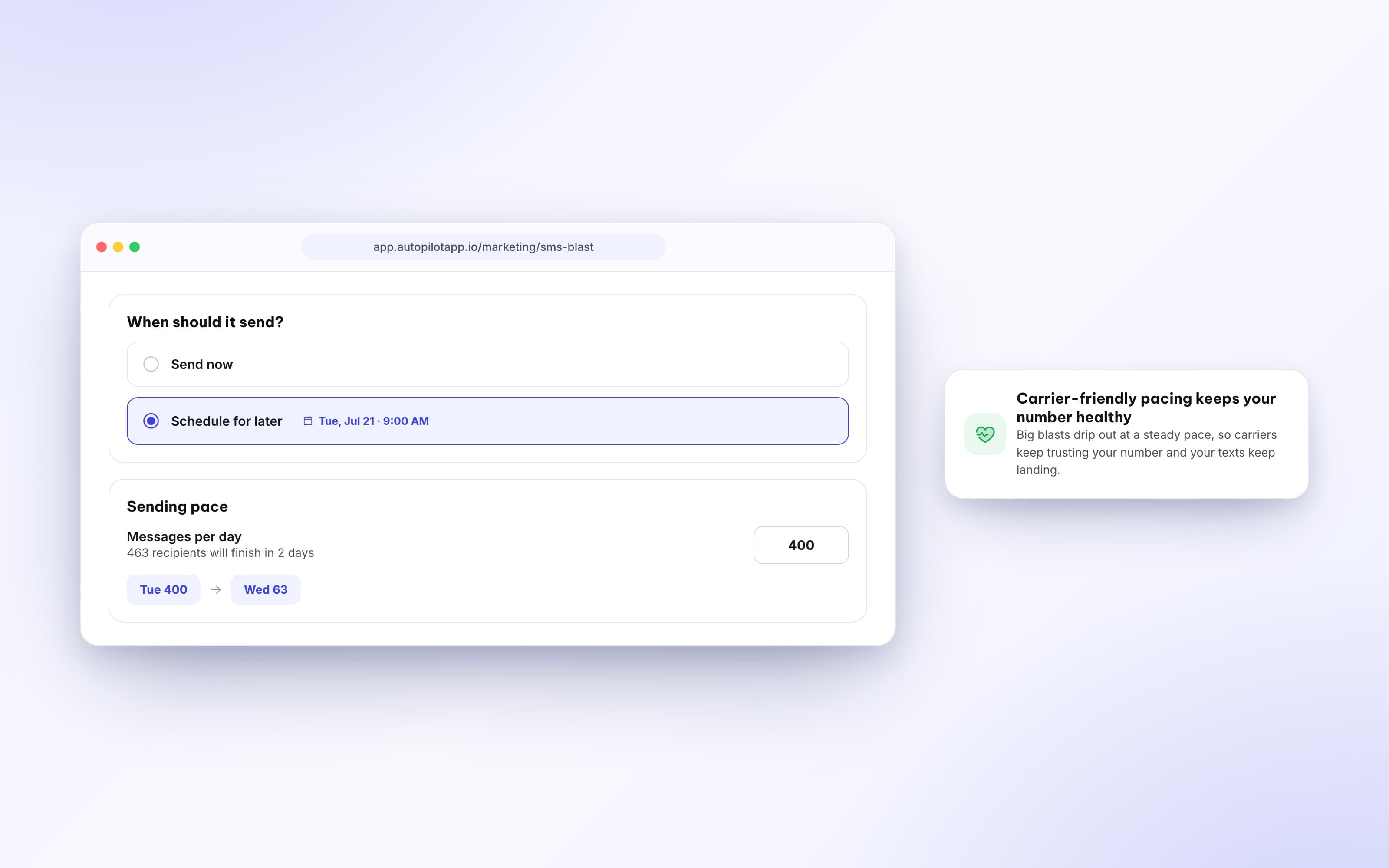 Scheduling an SMS blast with daily sending pace settings