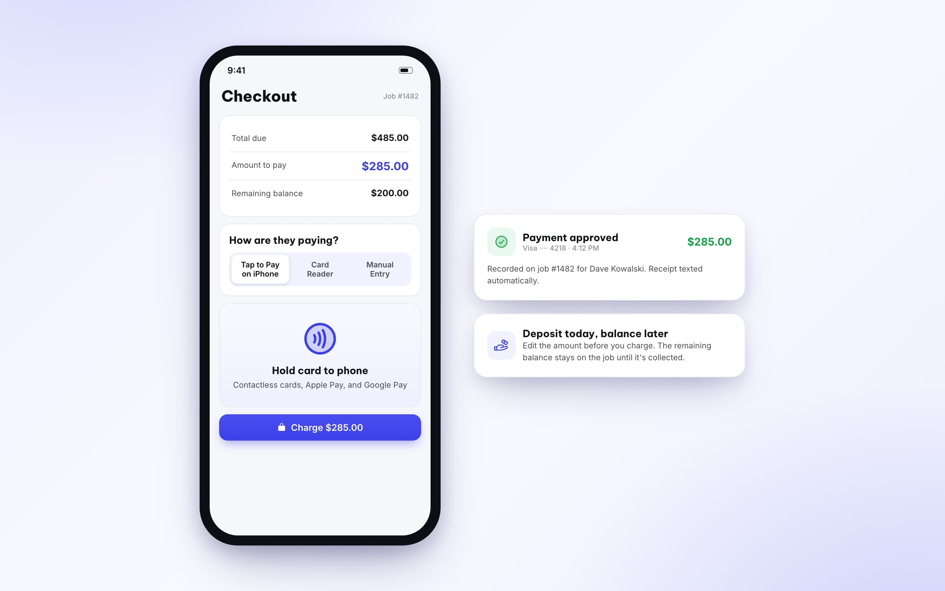 Autopilot checkout screen collecting a card payment with Tap to Pay on iPhone