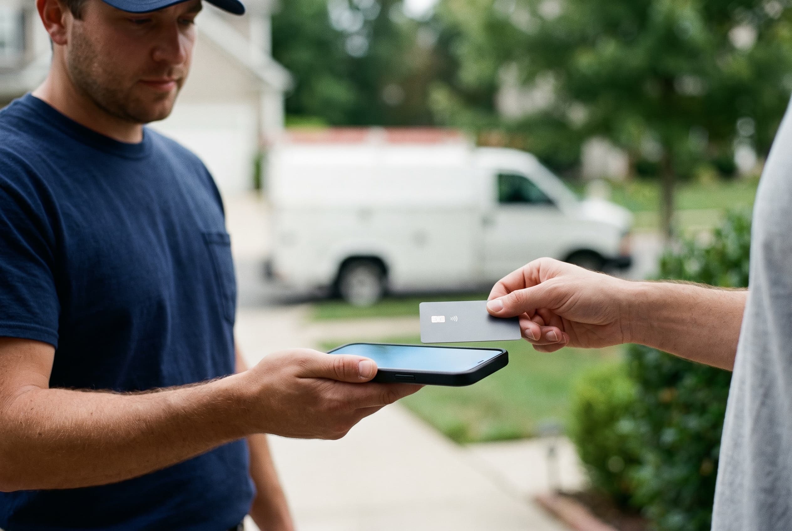 A customer tapping a credit card on a technician's phone at the front door