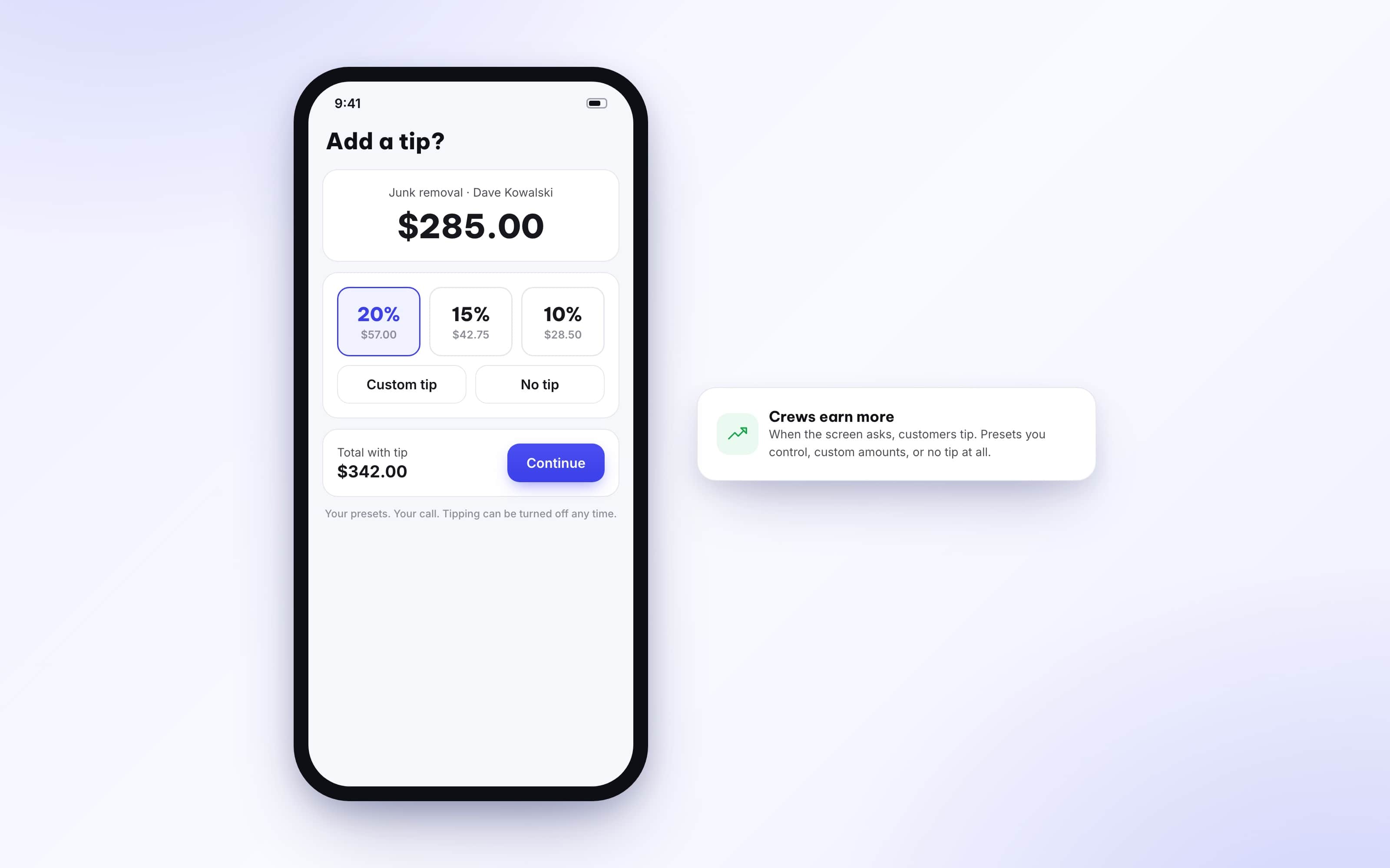 Autopilot tip screen showing 20, 15, and 10 percent tip options on a $285 job