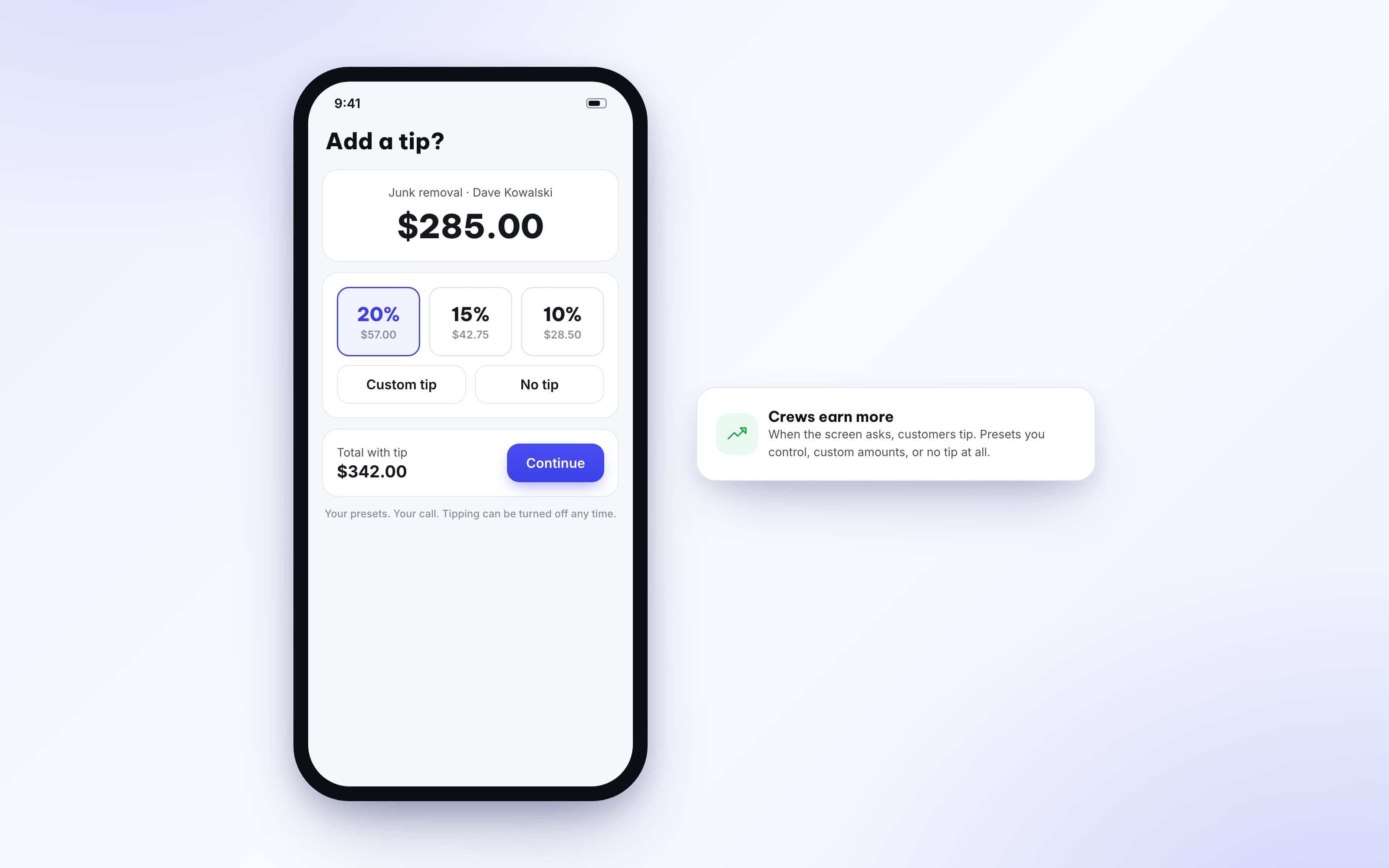 Autopilot tip screen showing 20, 15, and 10 percent tip options on a $285 job