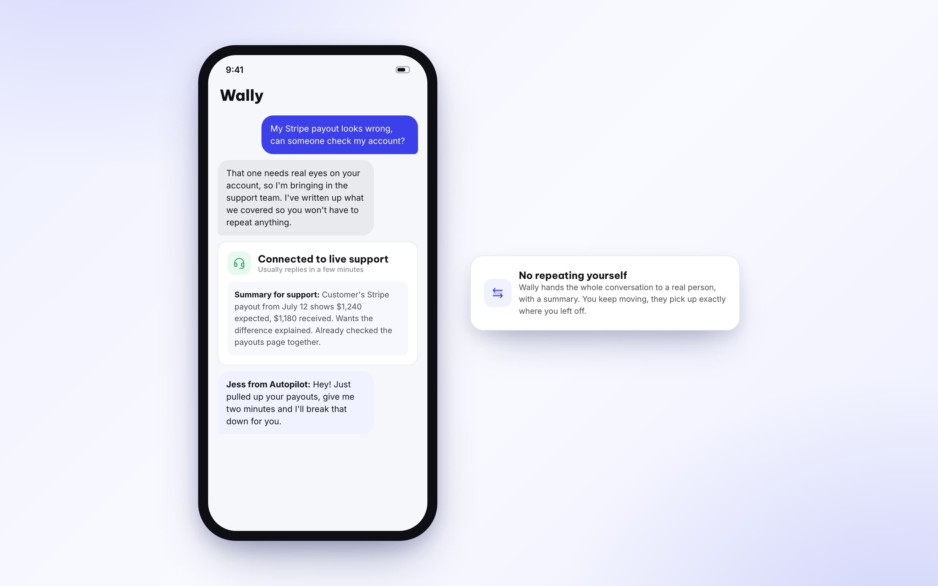 Wally handing a conversation off to live human support with a summary attached