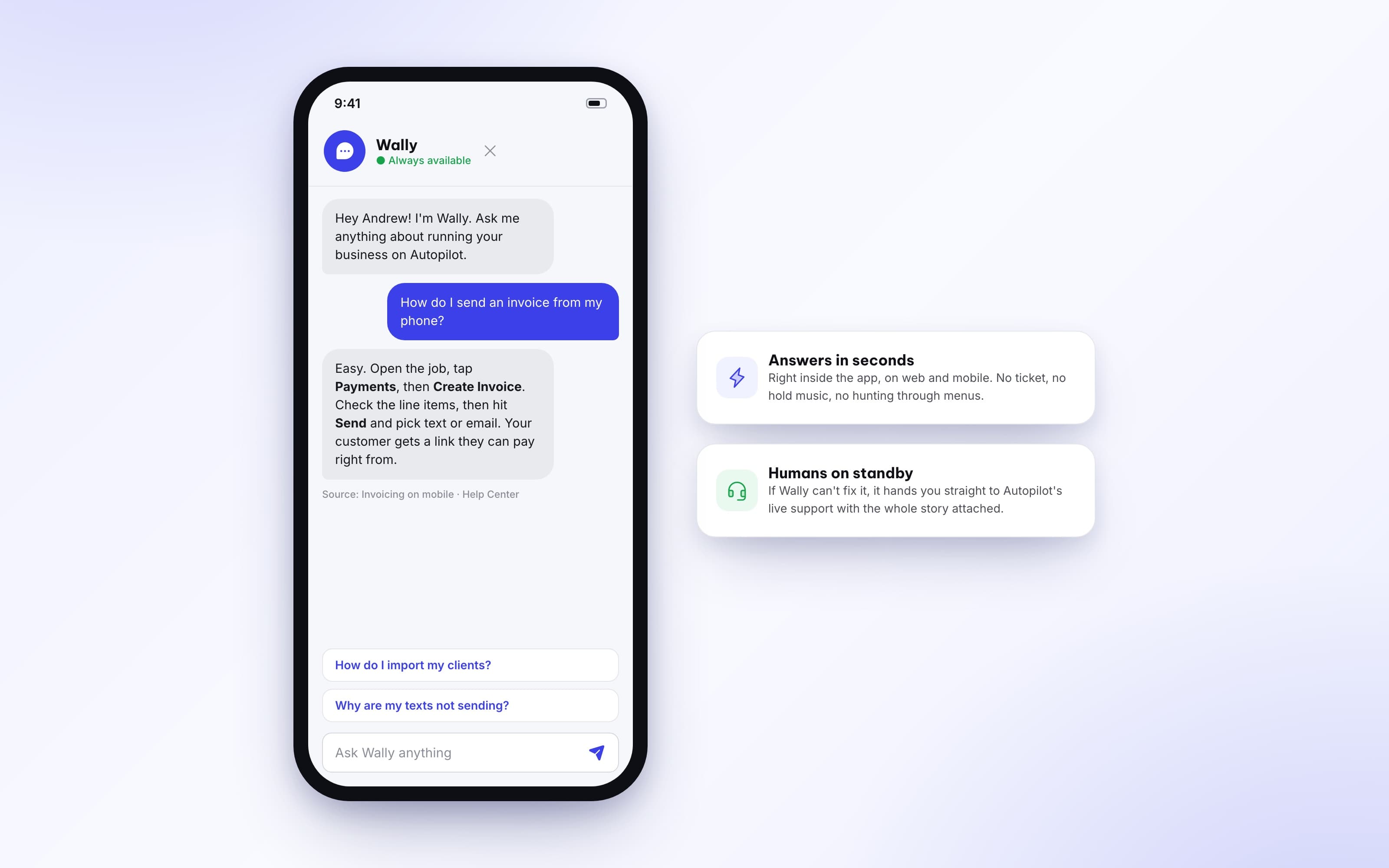 Wally AI assistant chat inside Autopilot answering a question about sending an invoice